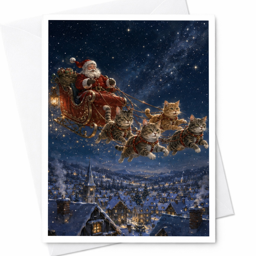 Santa With Cats In Sleigh Christmas Card Cute Holiday Greeting Card For Cat Lover Funny Festive Card Animal Lover Xmas Card C5274