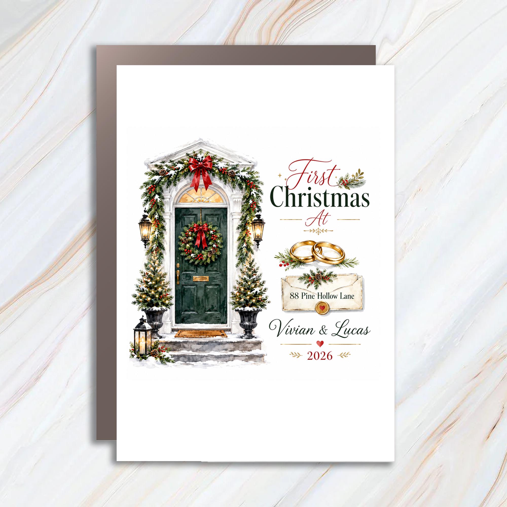 First Christmas At 88 Pine Hollow Lane Vivian & Lucas 2026 Personalized Christmas Card Couple Holiday Greeting Card C1161