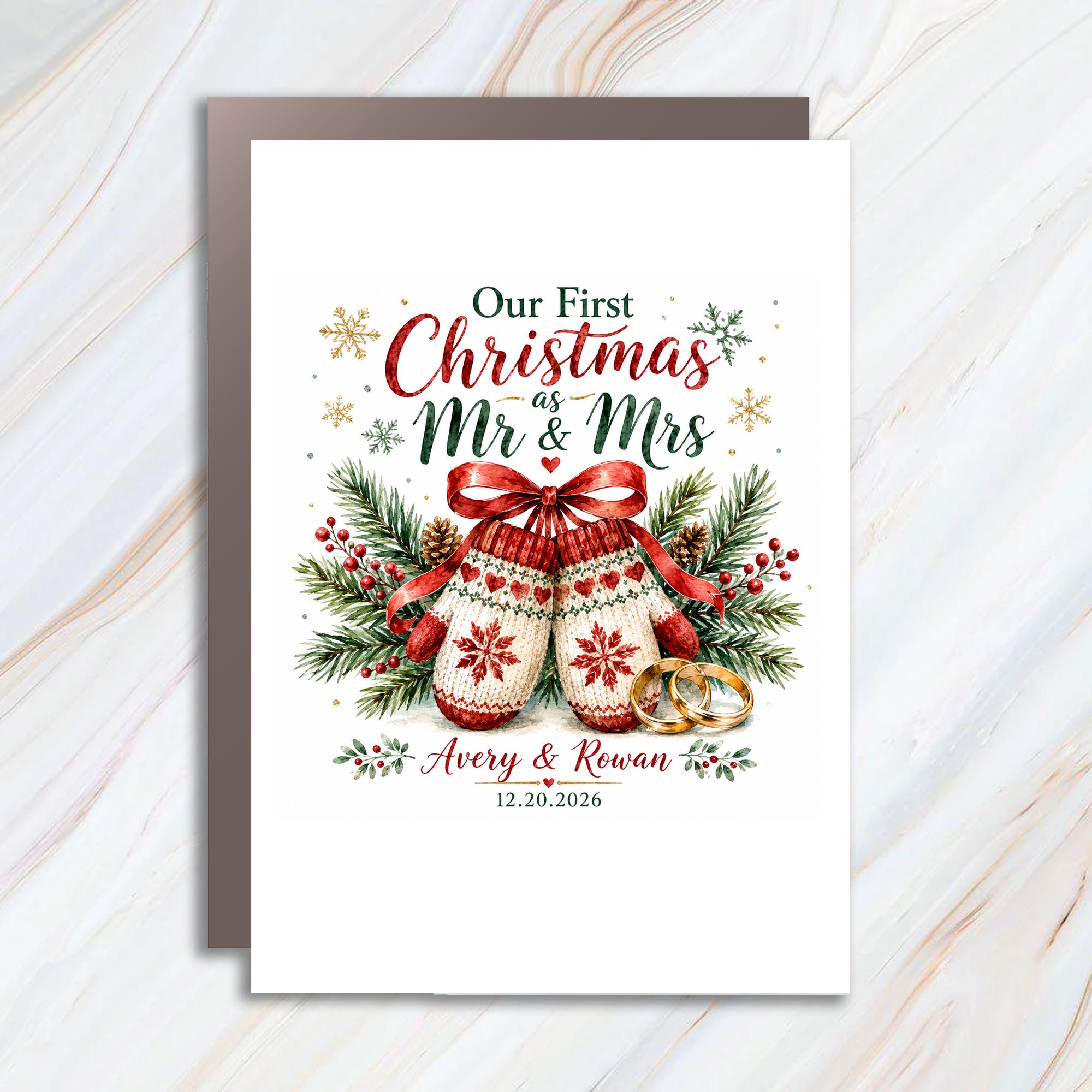 Our First Christmas As Mr & Mrs Christmas Card Newlywed Couple Holiday Greeting Card Personalized Wedding Gift C1163