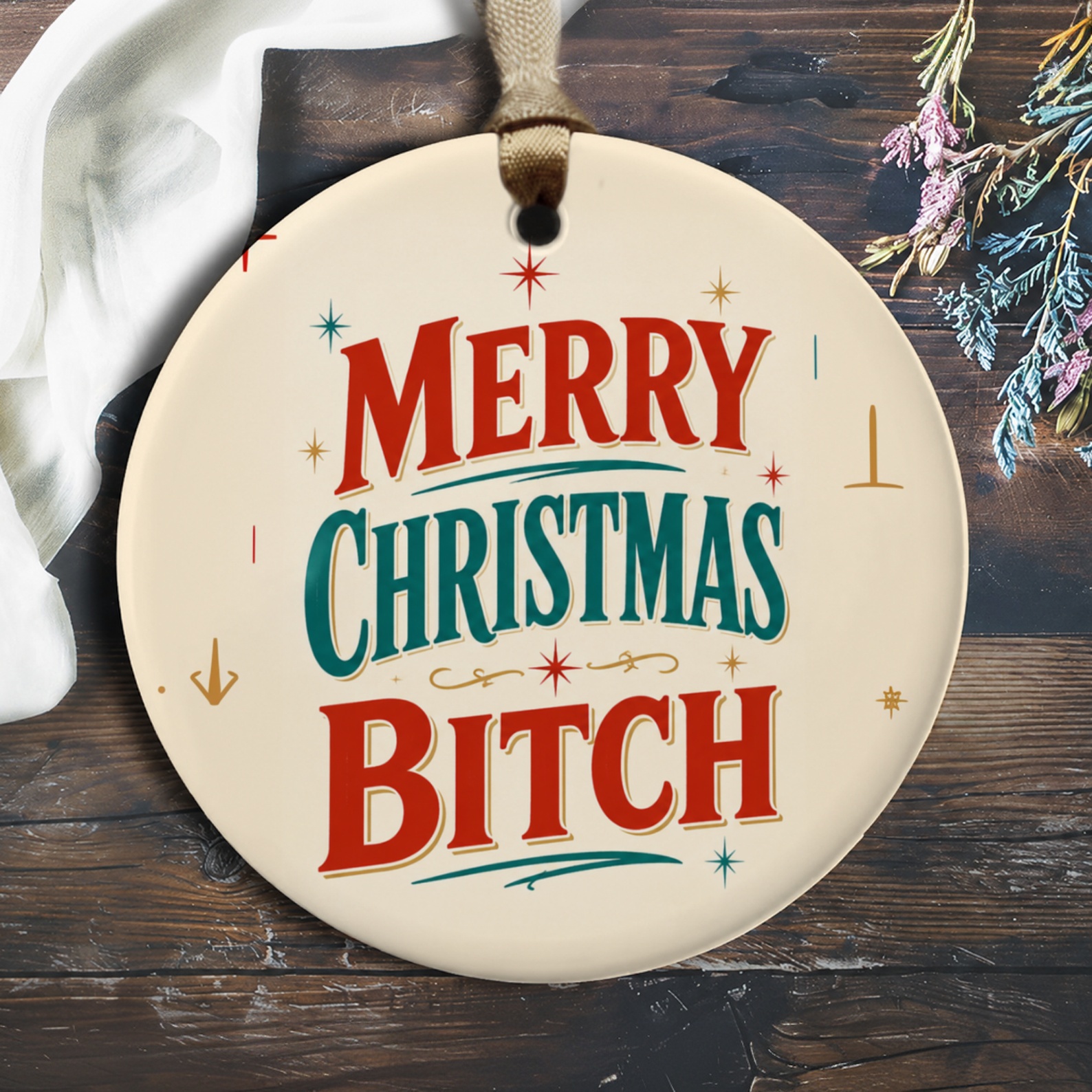 Merry Christmas Bitch Funny Christmas Ornament Retro Holiday Decor Gift For Friend Xmas Tree Decoration O1073