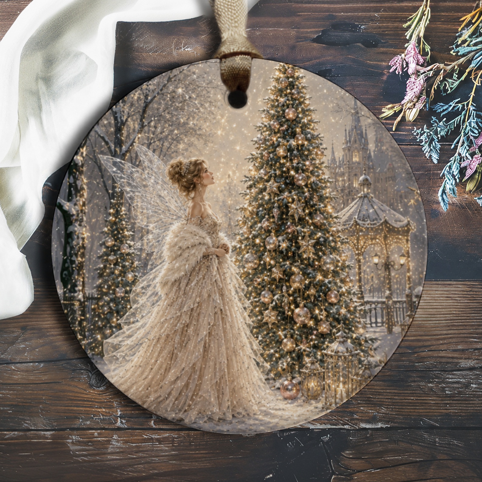 Fairy Christmas Ornament Elegant Holiday Decor Winter Wonderland Scene Tree Decoration Magical Fairy Tale Ornament O1076