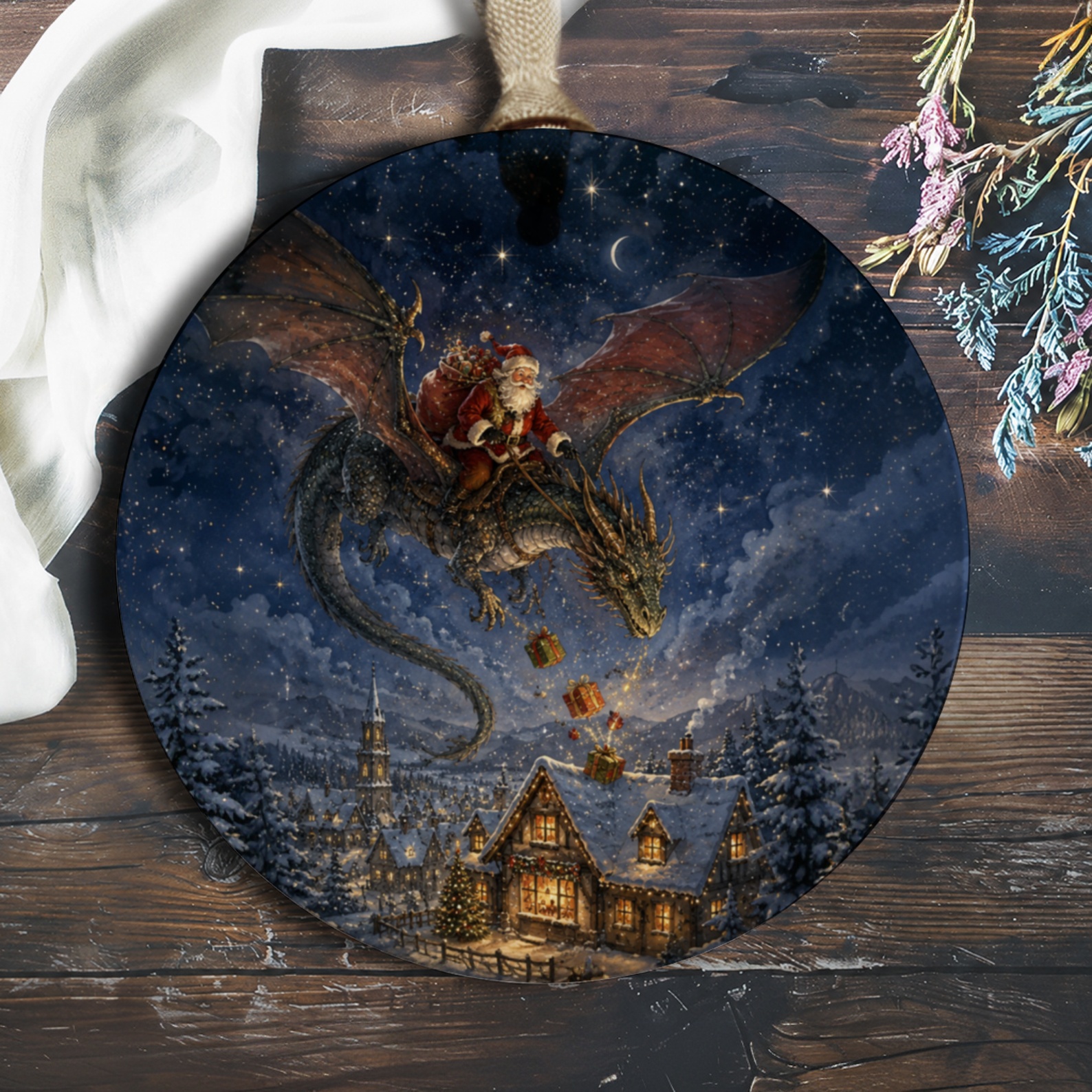 Santa On Dragon Christmas Ornament Fantasy Holiday Decor Unique Winter Wonderland Gift For Him Her Magical Festive Decoration O1084
