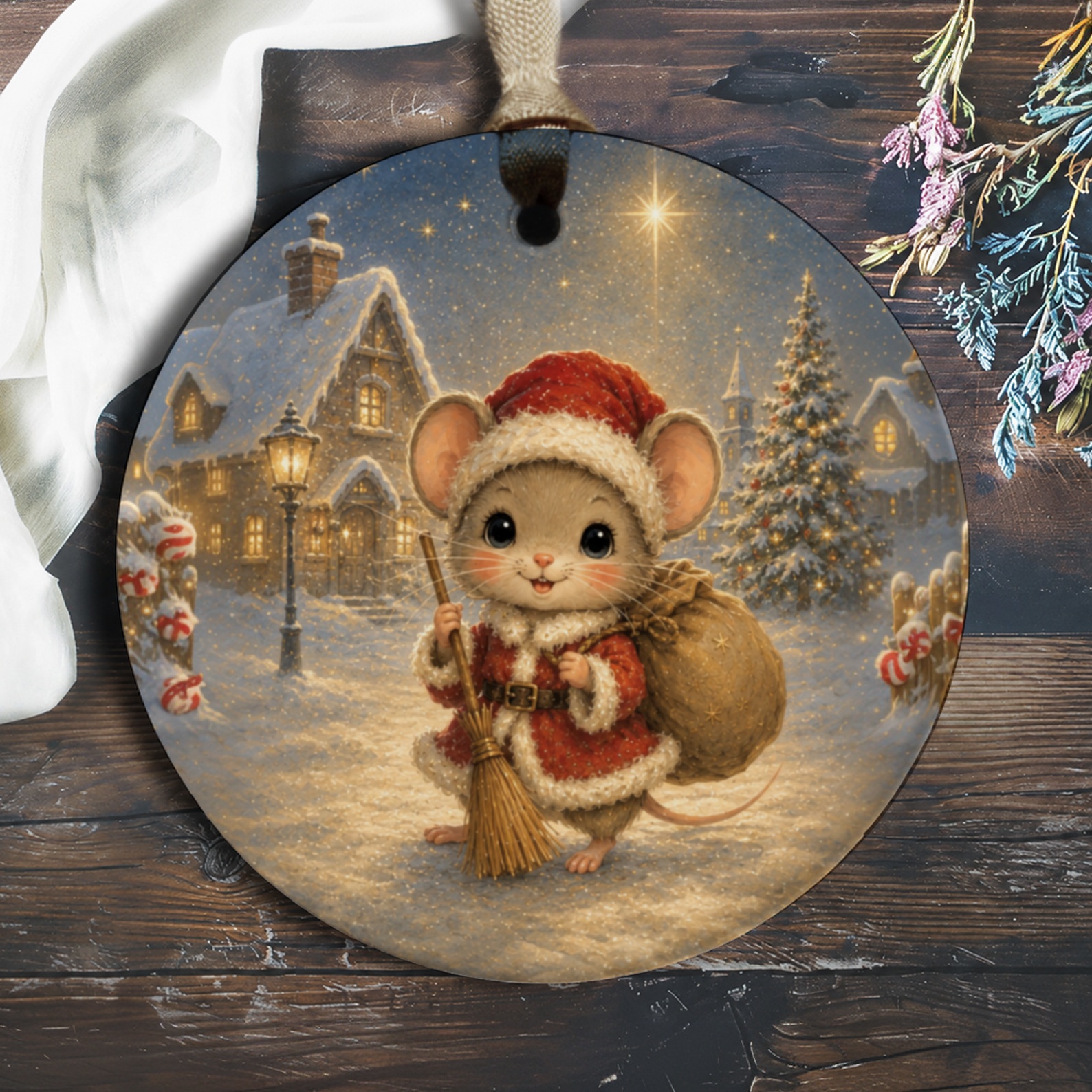 Cute Christmas Mouse Ornament Holiday Decor Santa Mouse Winter Scene Christmas Tree Decoration Festive Home Decor Gift O1093