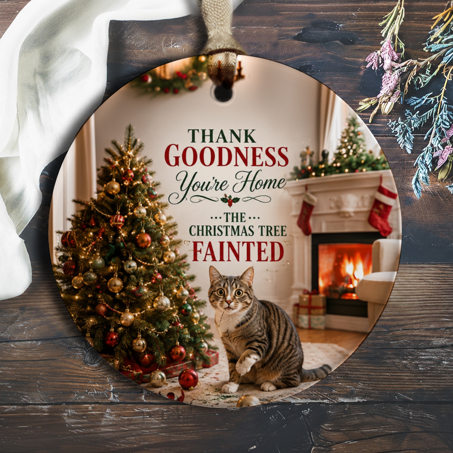 Thank Goodness You're Home The Christmas Tree Fainted Funny Christmas Ornament Cat Lover Holiday Decor Cute Tree Decoration O1099