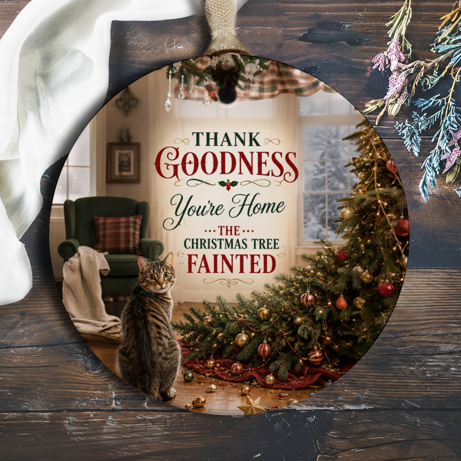 Thank Goodness You're Home The Christmas Tree Fainted Funny Cat Christmas Ornament Holiday Decor Gift For Cat Lovers O1100