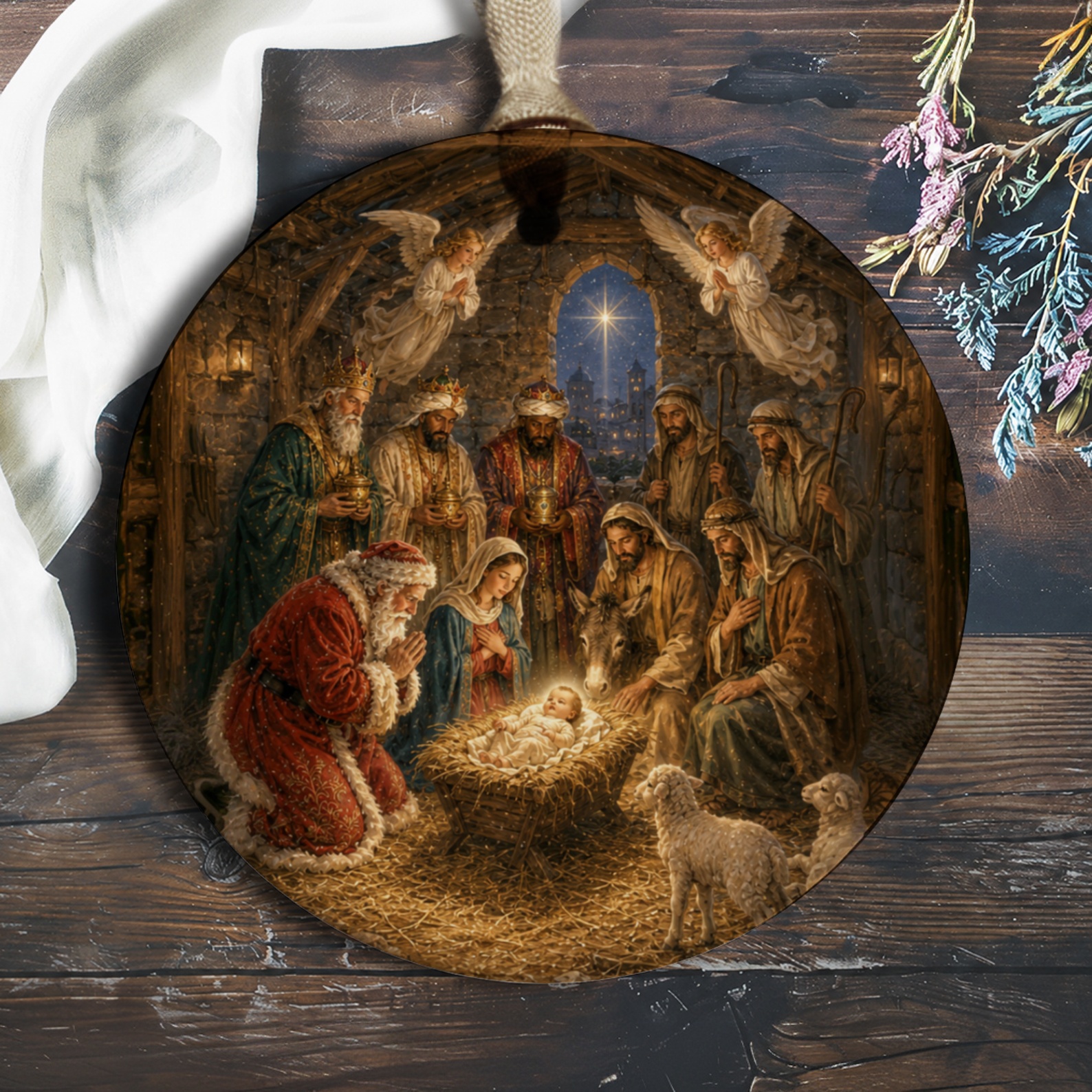 Nativity Scene Ornament Christmas Decor Santa And Angels Holiday Decoration Religious Christmas Gift O1101