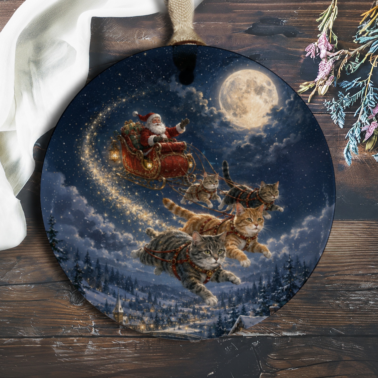 Santa With Flying Cats Christmas Ornament Festive Holiday Decor Cute Cat Lover Gift Winter Wonderland Scene O1103