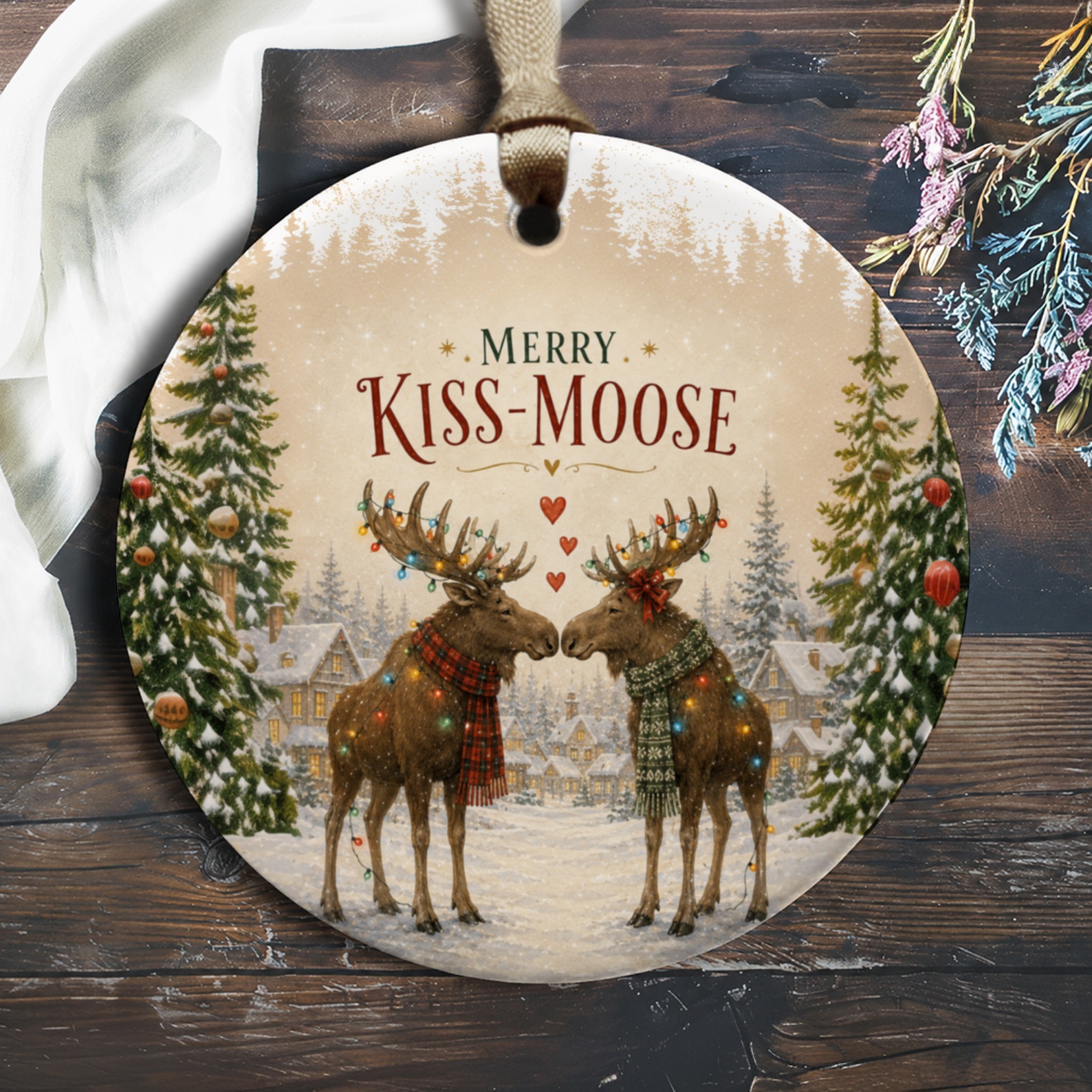 Merry Kiss-Moose Christmas Ornament Cute Moose Couple Winter Holiday Decor Festive Tree Decoration Rustic Woodland Style O1104