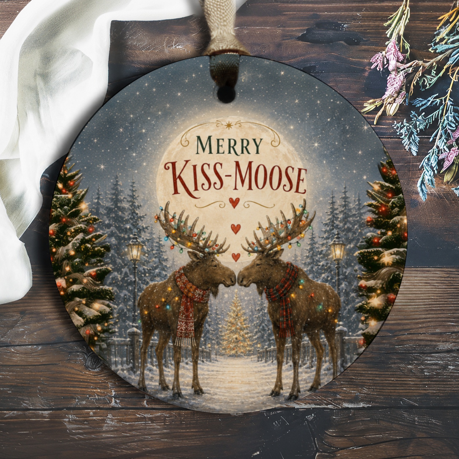 Merry Kiss-Moose Christmas Ornament Cute Holiday Decor Moose Lovers Winter Wonderland Scene Festive Tree Decoration O1105