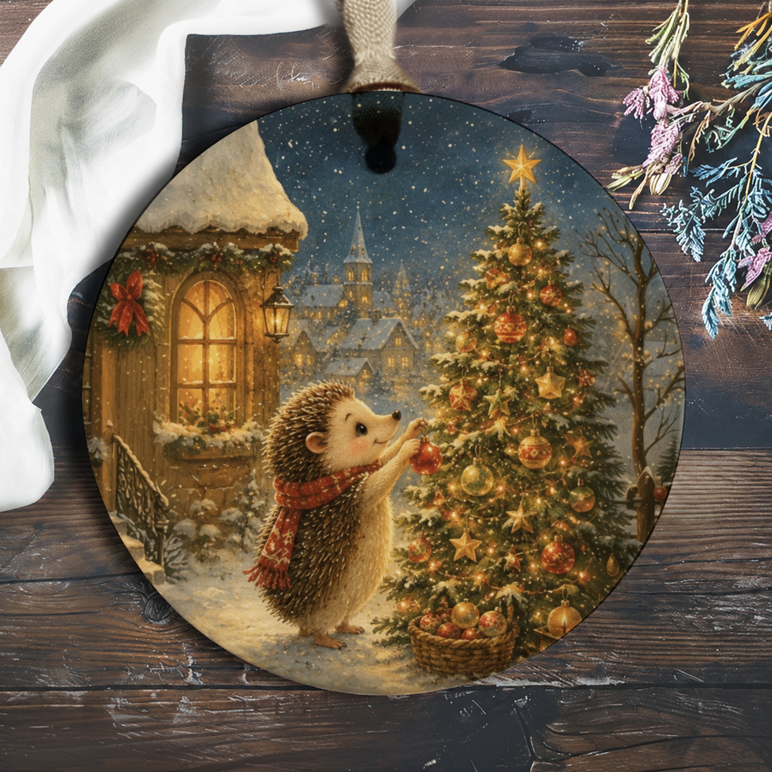 Hedgehog Decorating Christmas Tree Ornament Cute Holiday Decor Winter Scene Animal Lover Gift Festive Home Decoration O1106
