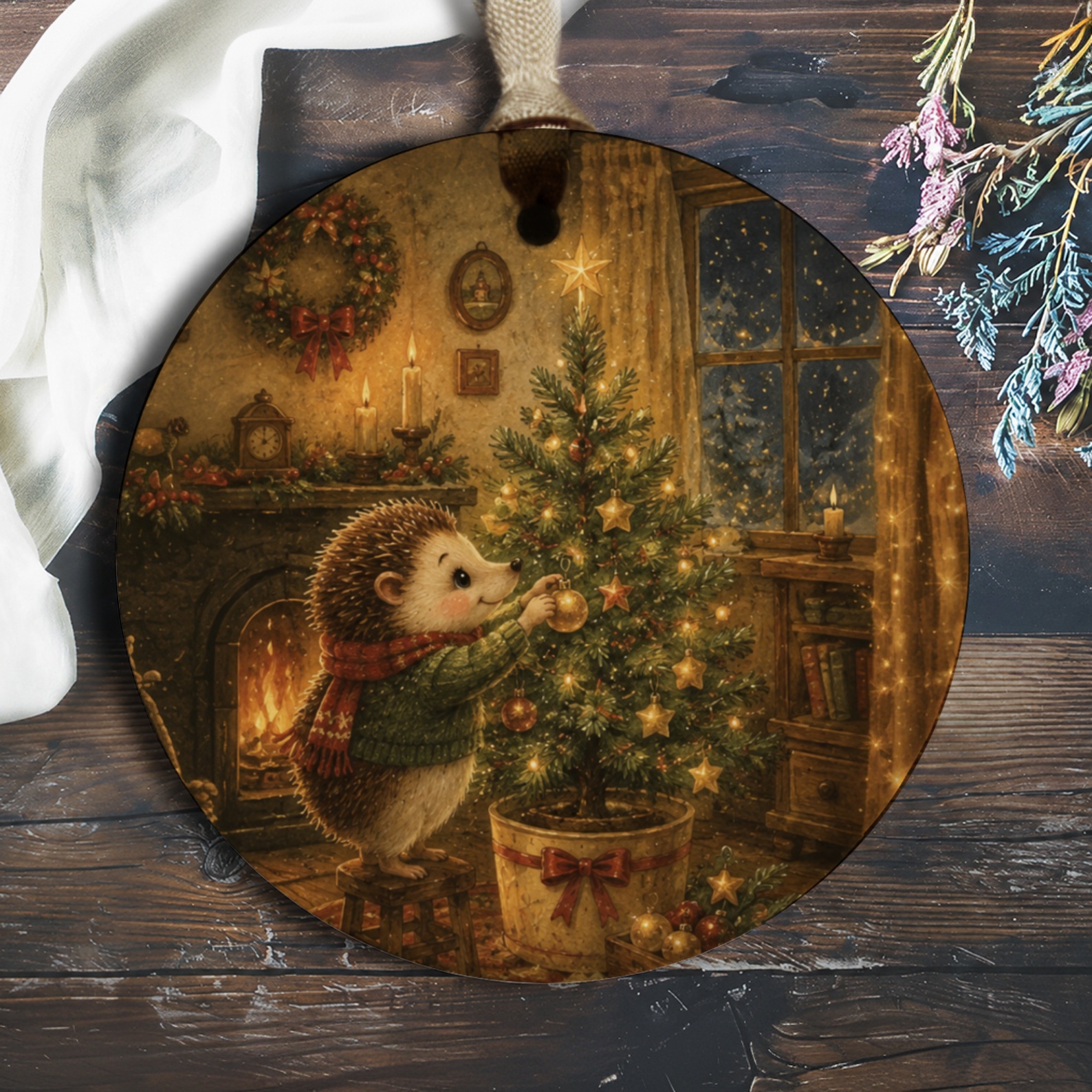 Hedgehog Decorating Christmas Tree Ornament Cute Holiday Decor Woodland Animal Christmas Ornament Cozy Winter Scene O1107