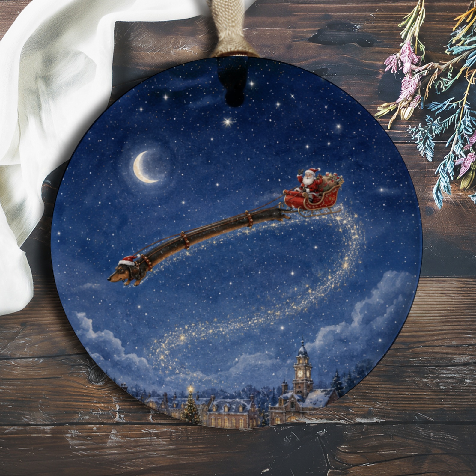 Santa Sleigh Dachshund Ornament Christmas Decor Cute Dog Lover Holiday Decoration Festive Winter Scene Gift O1113