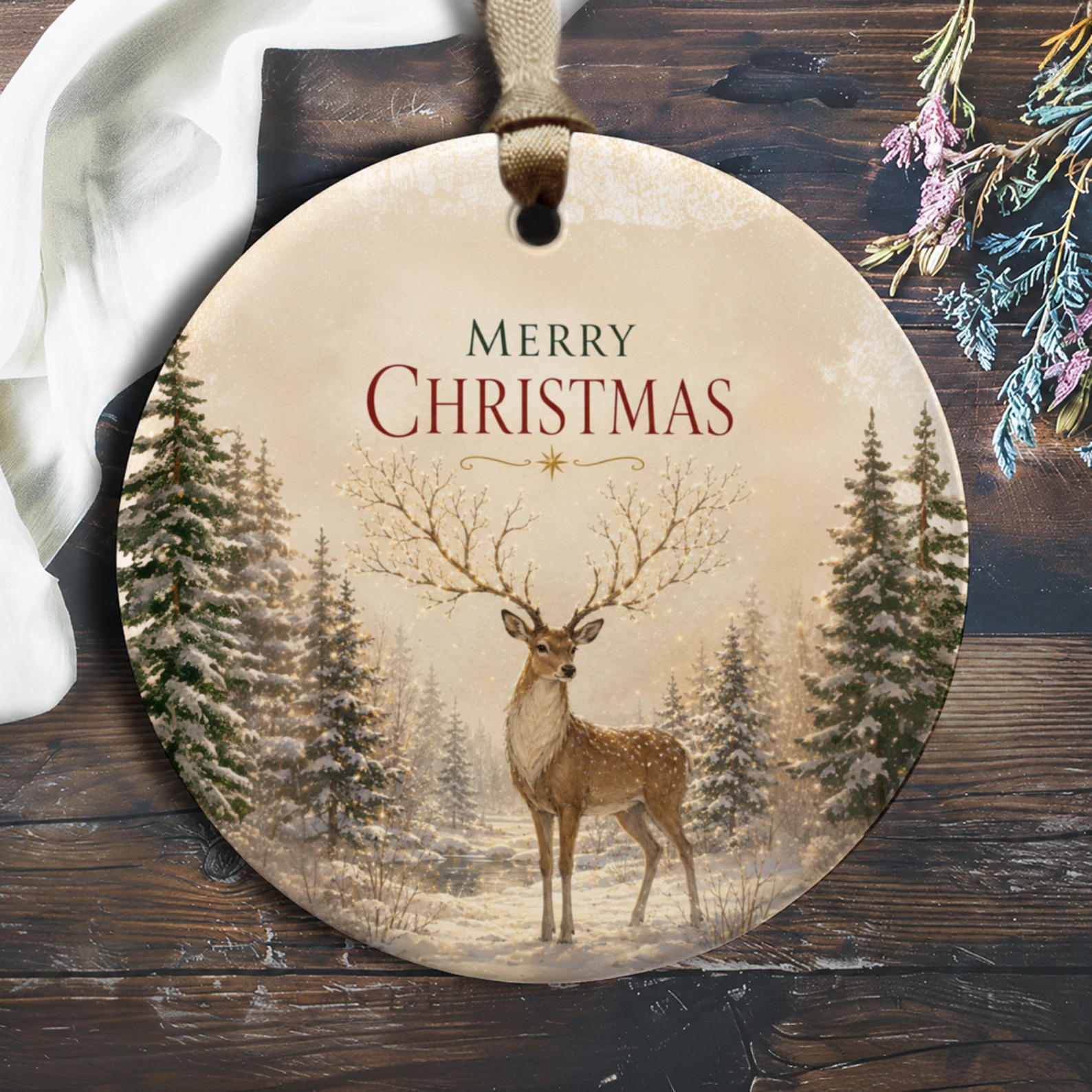 Merry Christmas Ornament Deer In Snowy Forest Holiday Decor Winter Scene Christmas Tree Decoration Rustic Woodland O1122