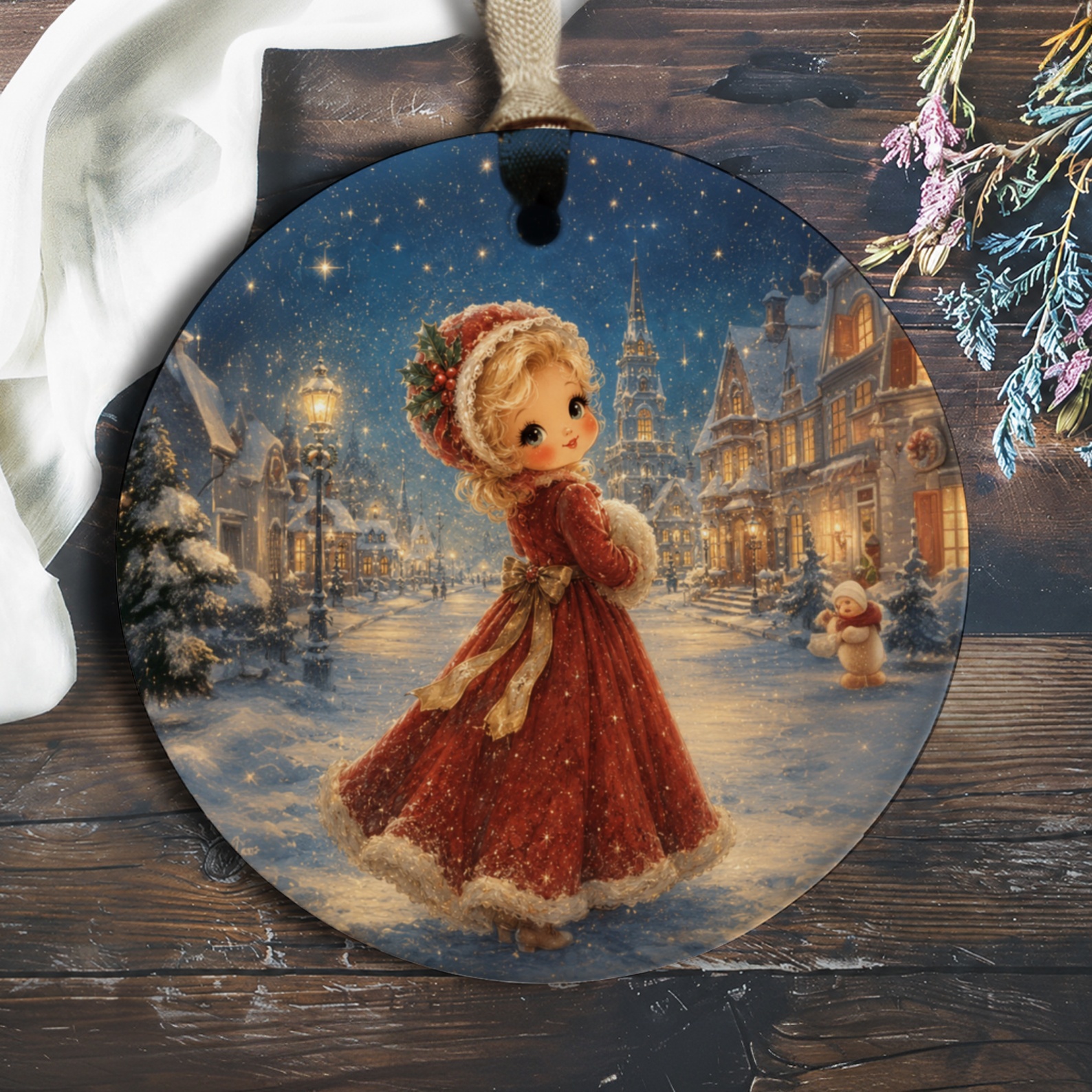 Vintage Christmas Scene Ornament Holiday Decor Winter Village Girl Snowy Night Cute Christmas Ornament For Home O1129