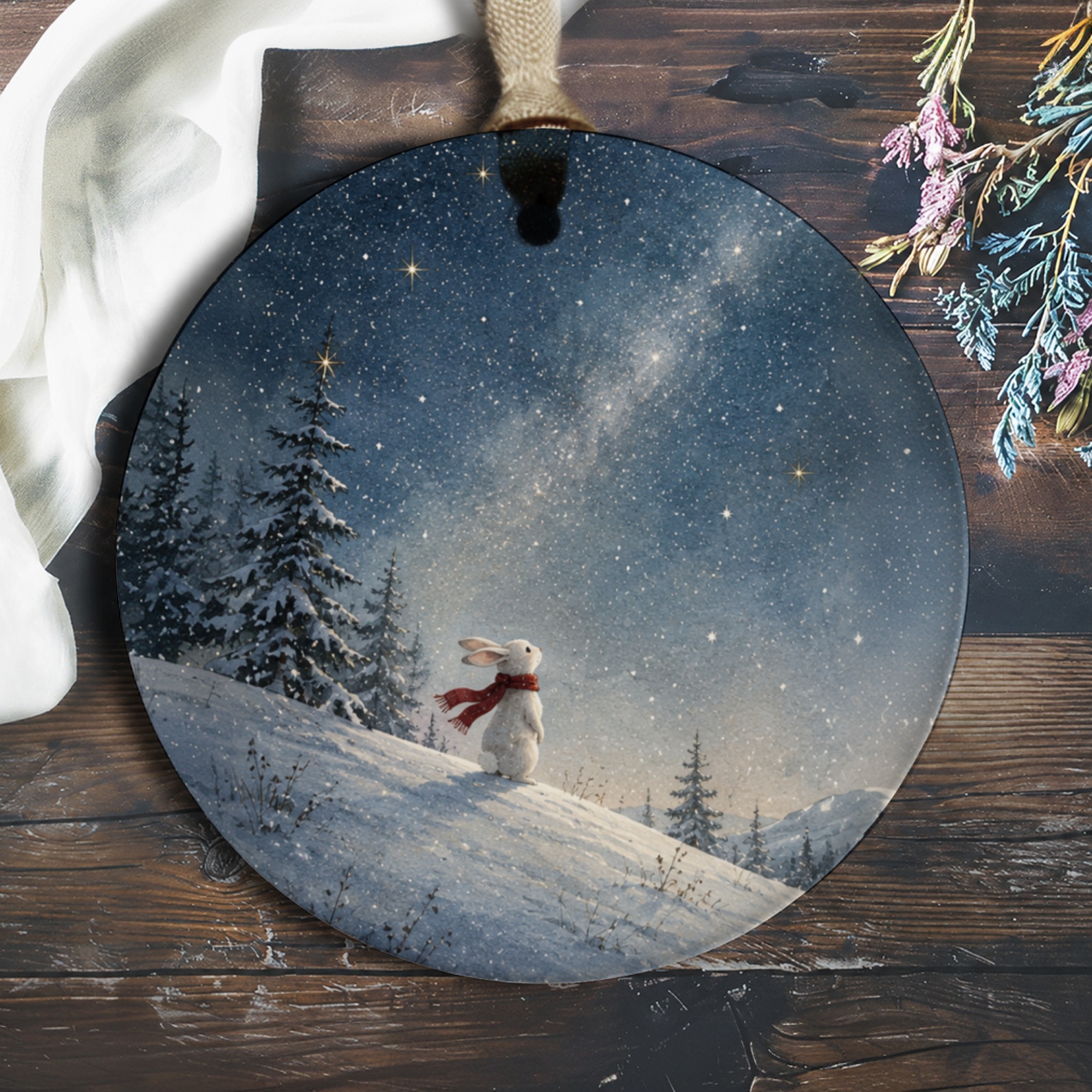 Winter Rabbit Ornament Christmas Decoration Starry Night Scene Cute Animal Holiday Decor For Nature Lover O1079