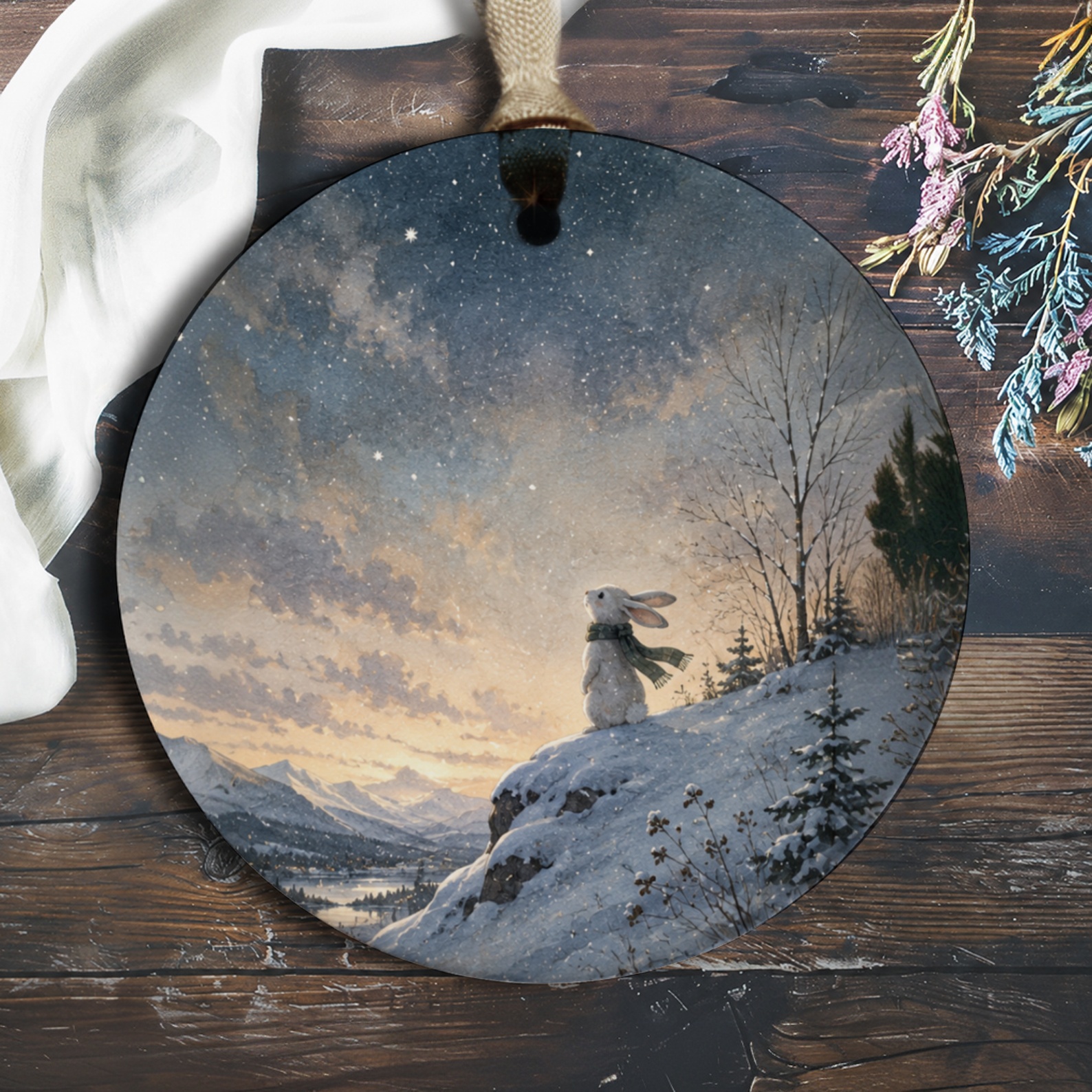 Winter Rabbit Stargazing Ornament Christmas Decor Woodland Animal Ornament Holiday Gift For Nature Lover Cute Winter Scene O1080