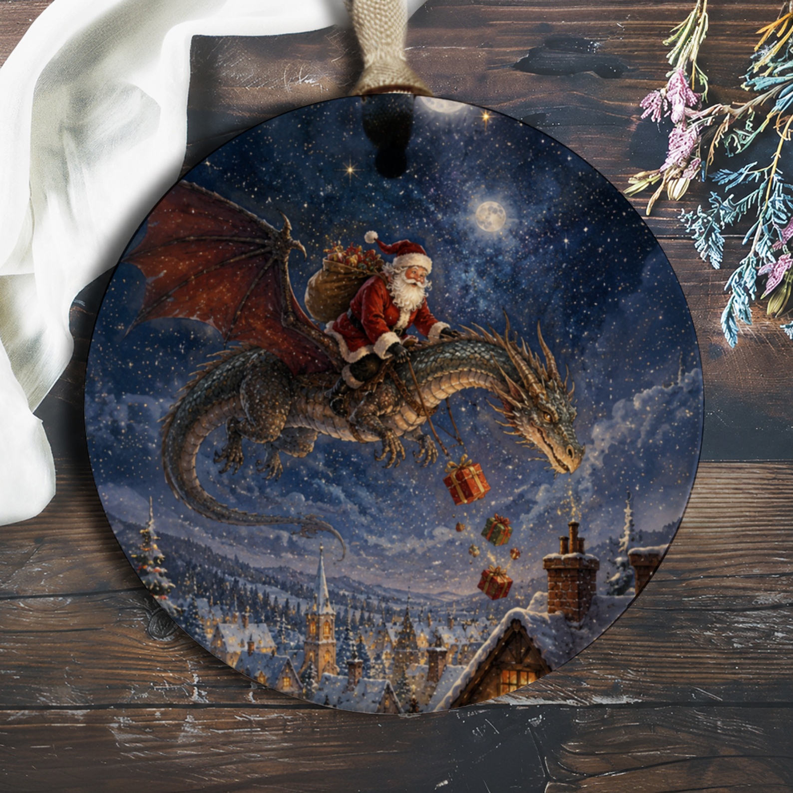 Santa On Dragon Christmas Ornament Fantasy Holiday Decor Unique Gift Winter Wonderland Scene Festive Home Decoration O1083