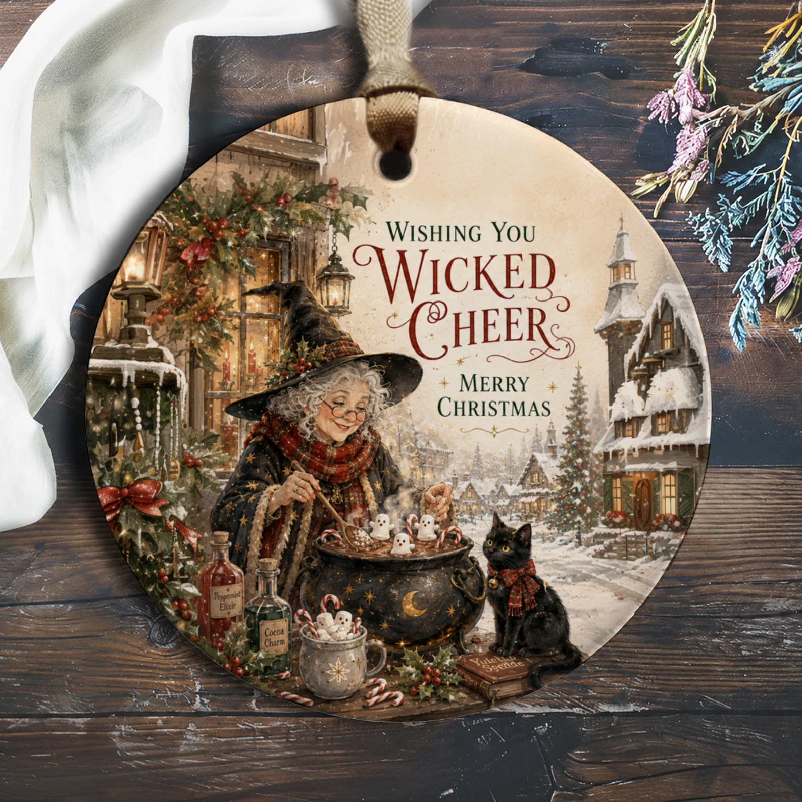 Wishing You Wicked Cheer Merry Christmas Ornament Witch Cauldron Cat Holiday Decor Festive Winter Decoration Gift O1085