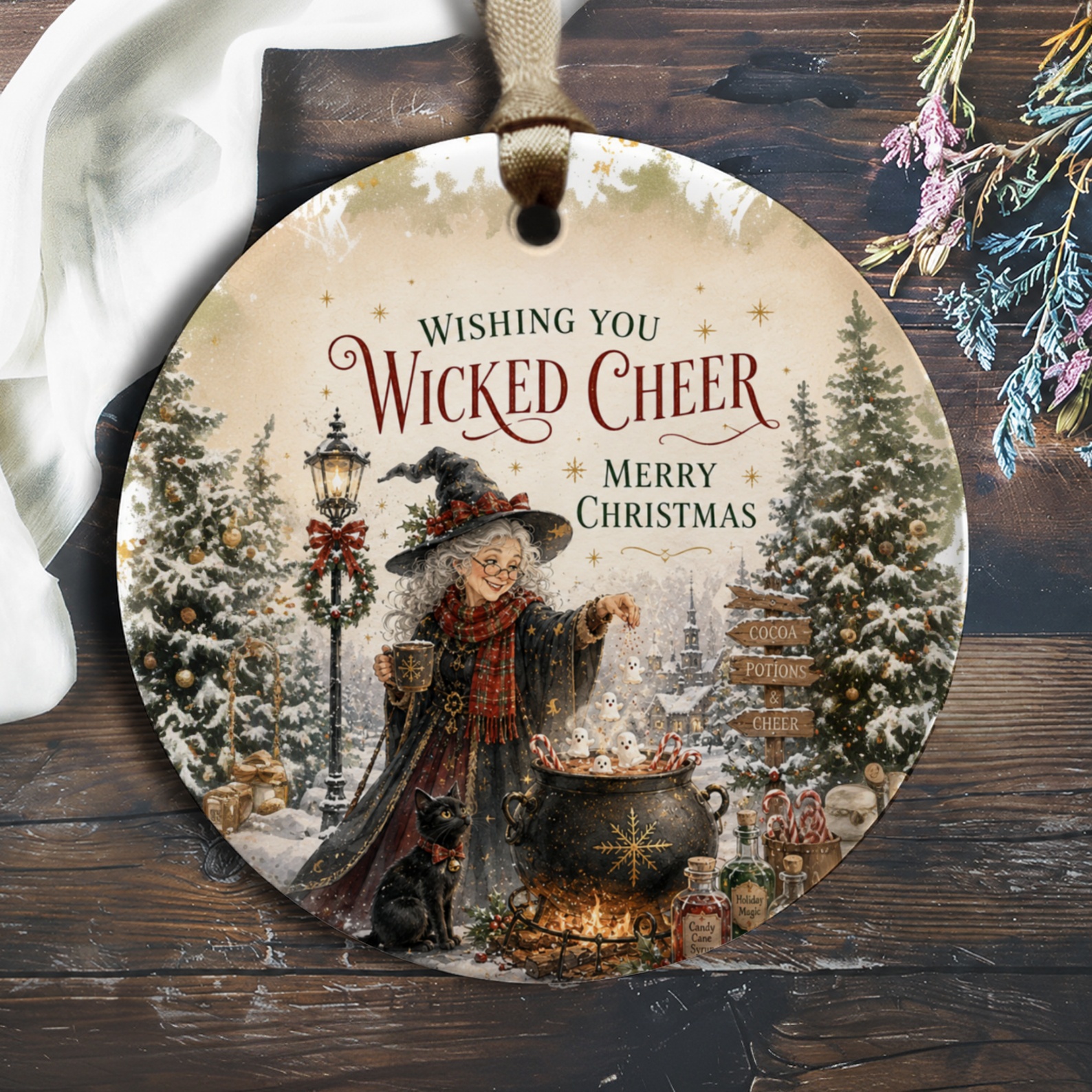Wishing You Wicked Cheer Merry Christmas Ornament Witch Cauldron Cat Holiday Decor Festive Tree Decoration Winter Magic O1086