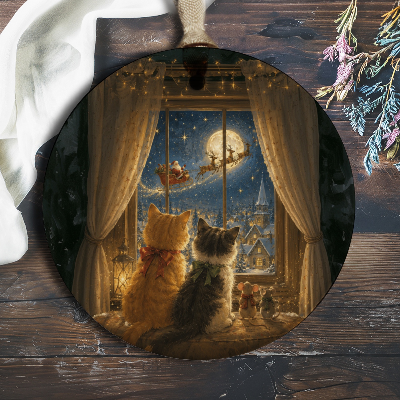 Cats Watching Santa Christmas Ornament Cute Holiday Decor Cat Lover Gift Festive Winter Scene Ornament For Home O1139