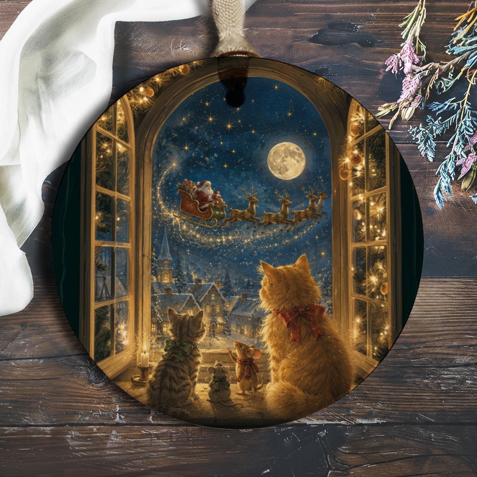 Santa And Reindeer With Cats Christmas Ornament Festive Holiday Decor Cute Animal Lover Gift Winter Wonderland Scene O1140