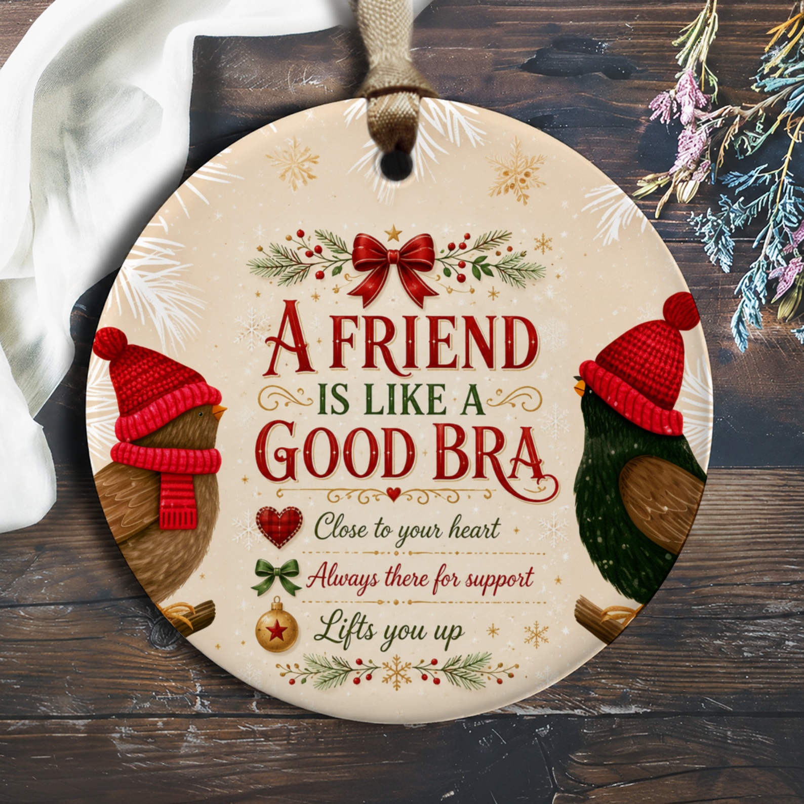 A Friend Is Like A Good Bra Ornament Funny Friendship Gift Close To Your Heart Supportive Cute Birds Winter Decor O1142