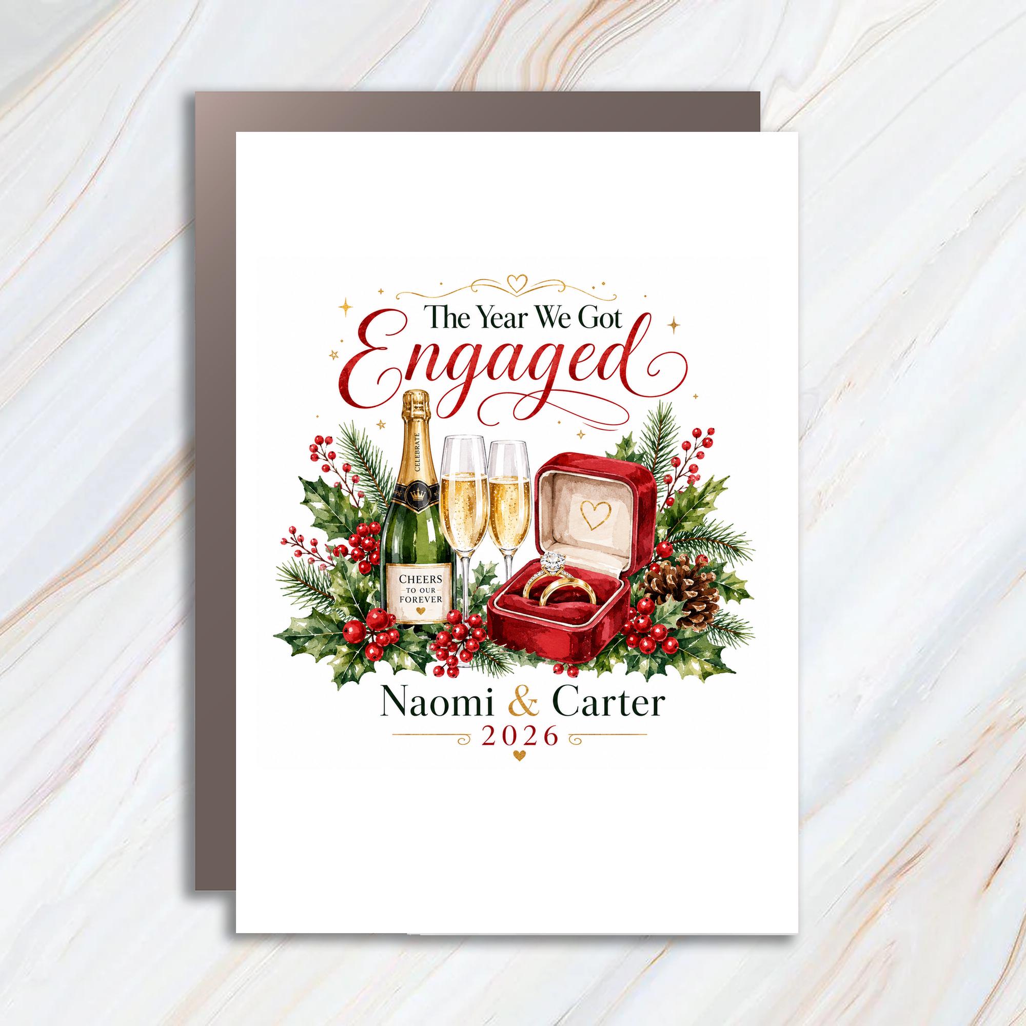 The Year We Got Engaged Engagement Card Personalized Couple Celebration Champagne Rings 2026 Romantic Wedding Proposal C1168