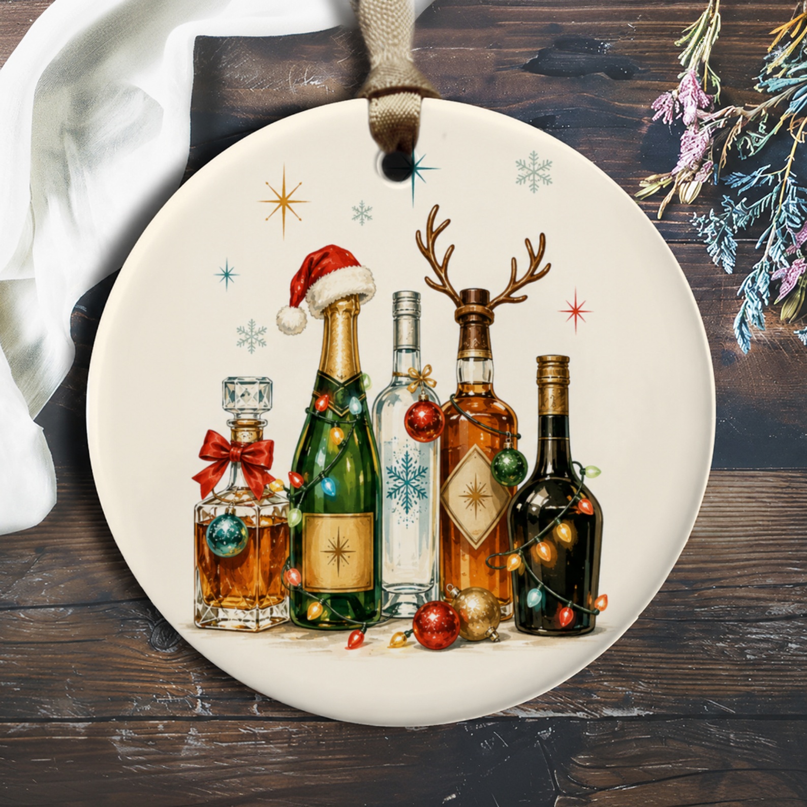 Festive Holiday Bottles Ornament Christmas Decor With Santa Hat And Reindeer Antlers For Home Bar Celebration O1145