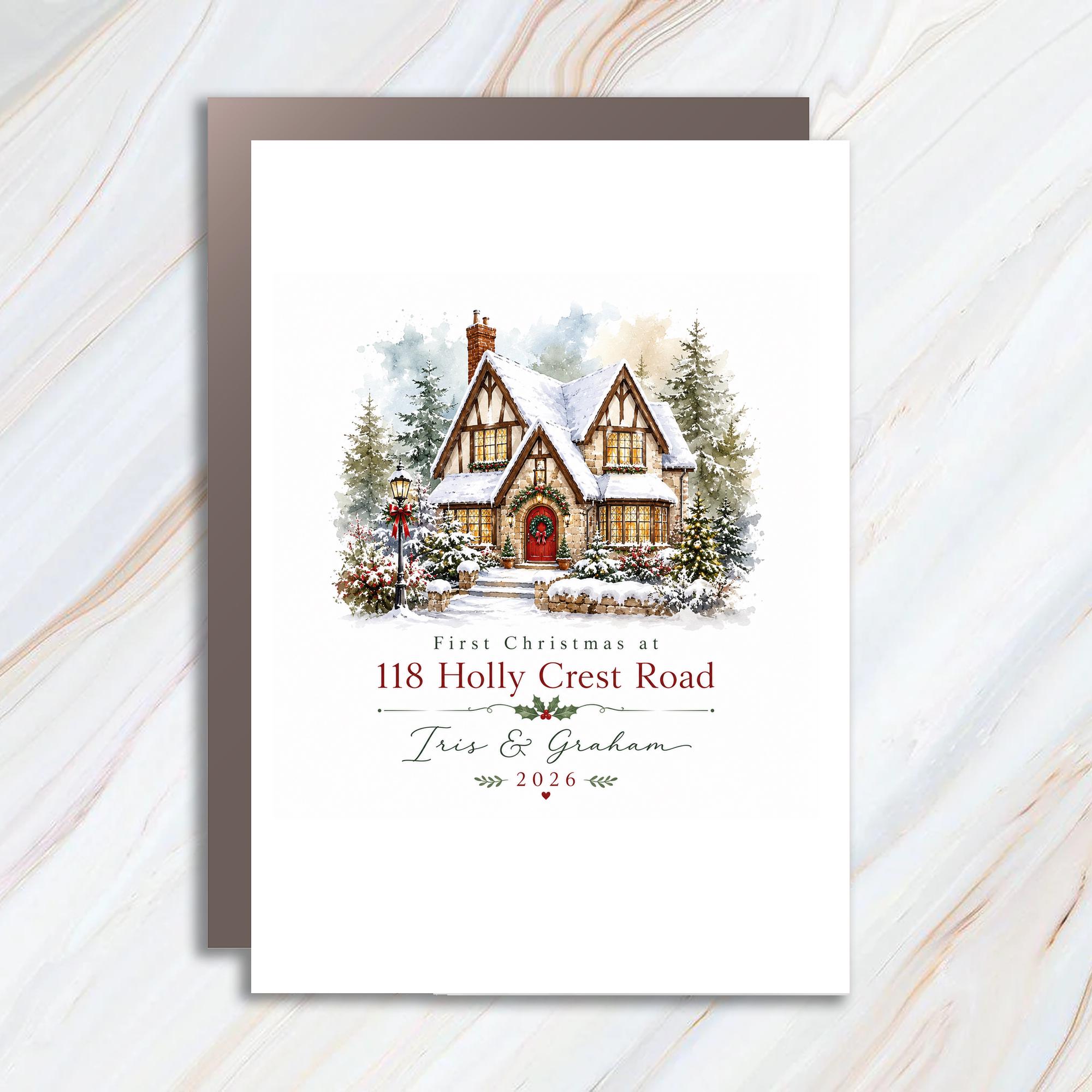 First Christmas Christmas Card Personalized Holiday Greeting Card Custom Family Name 2026 Winter Scene C1174