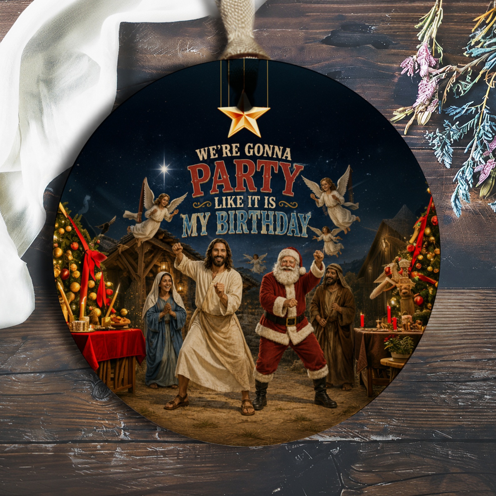 We're Gonna Party Like It Is My Birthday Funny Christmas Ornament Santa Jesus Holiday Decor Festive Tree Decoration O1150