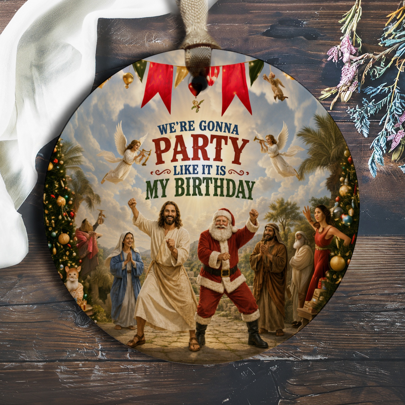 We're Gonna Party Like It Is My Birthday Christmas Ornament Santa Jesus Festive Holiday Decor Funny Xmas Gift O1151