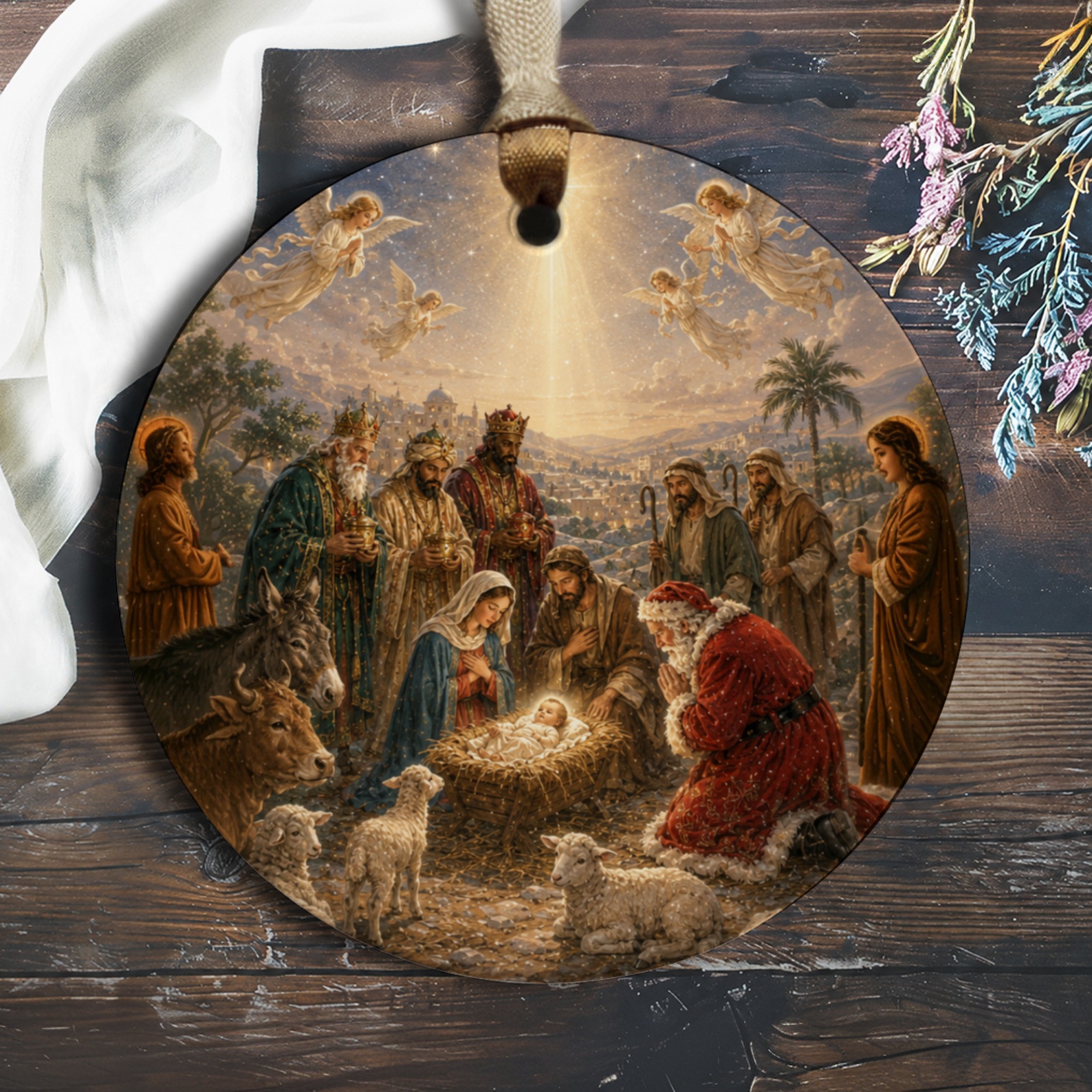 Nativity Scene Ornament Christmas Decor Holy Family With Santa Religious Holiday Decoration Gift For Christian Home O1102