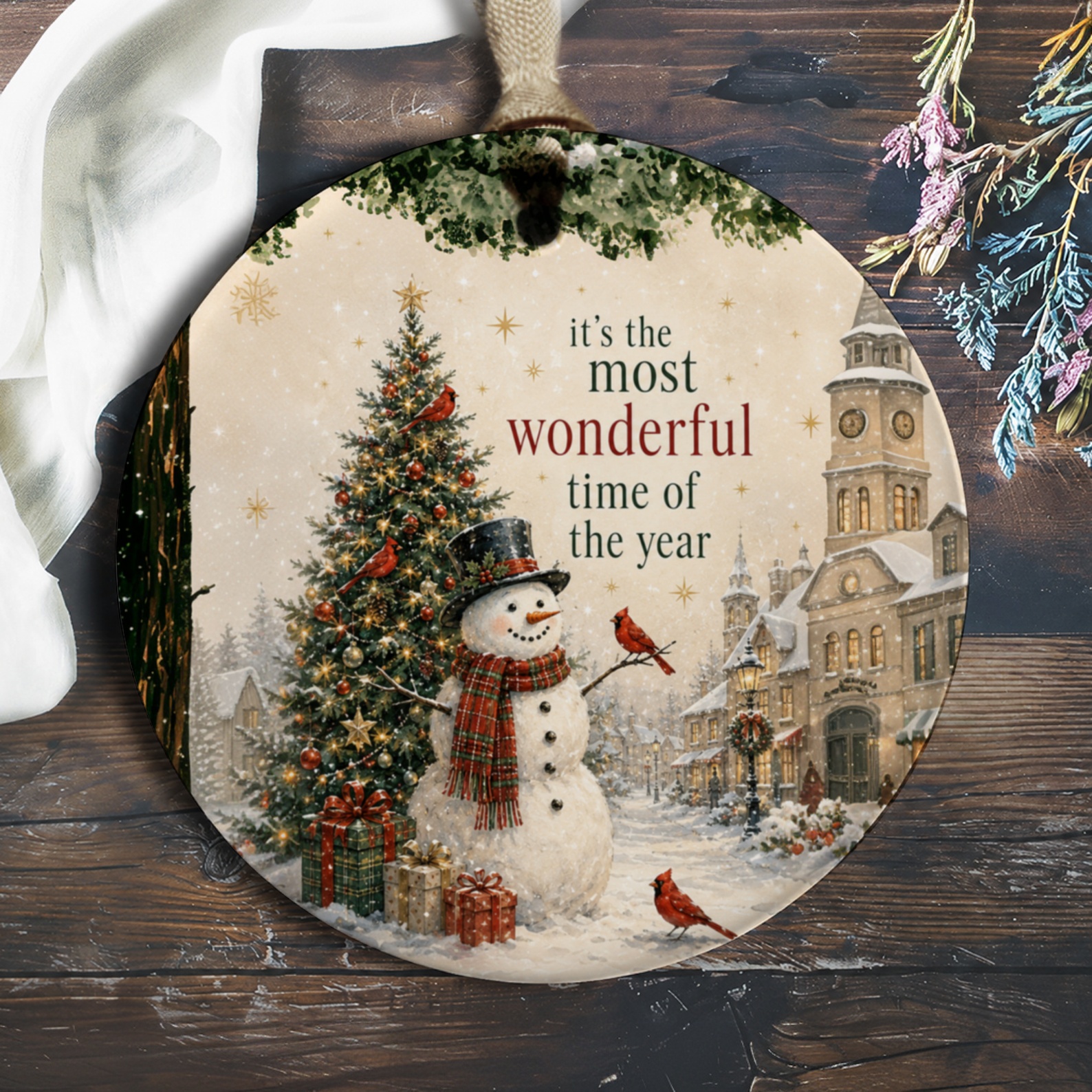 It's The Most Wonderful Time Of The Year Christmas Ornament Snowman Tree Cardinals Winter Holiday Decor Gift O1152