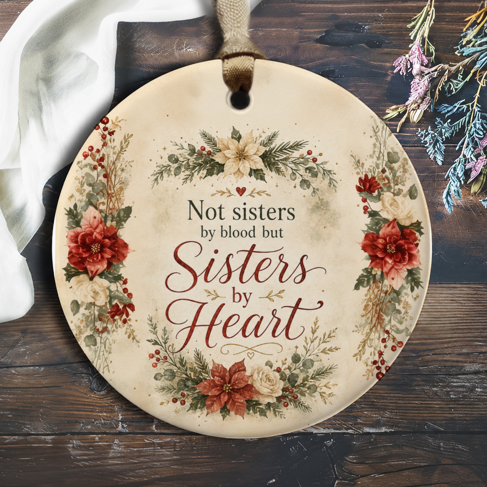 Not Sisters By Blood But Sisters By Heart Floral Ornament Friendship Gift Christmas Decoration For Best Friend Sister O1154