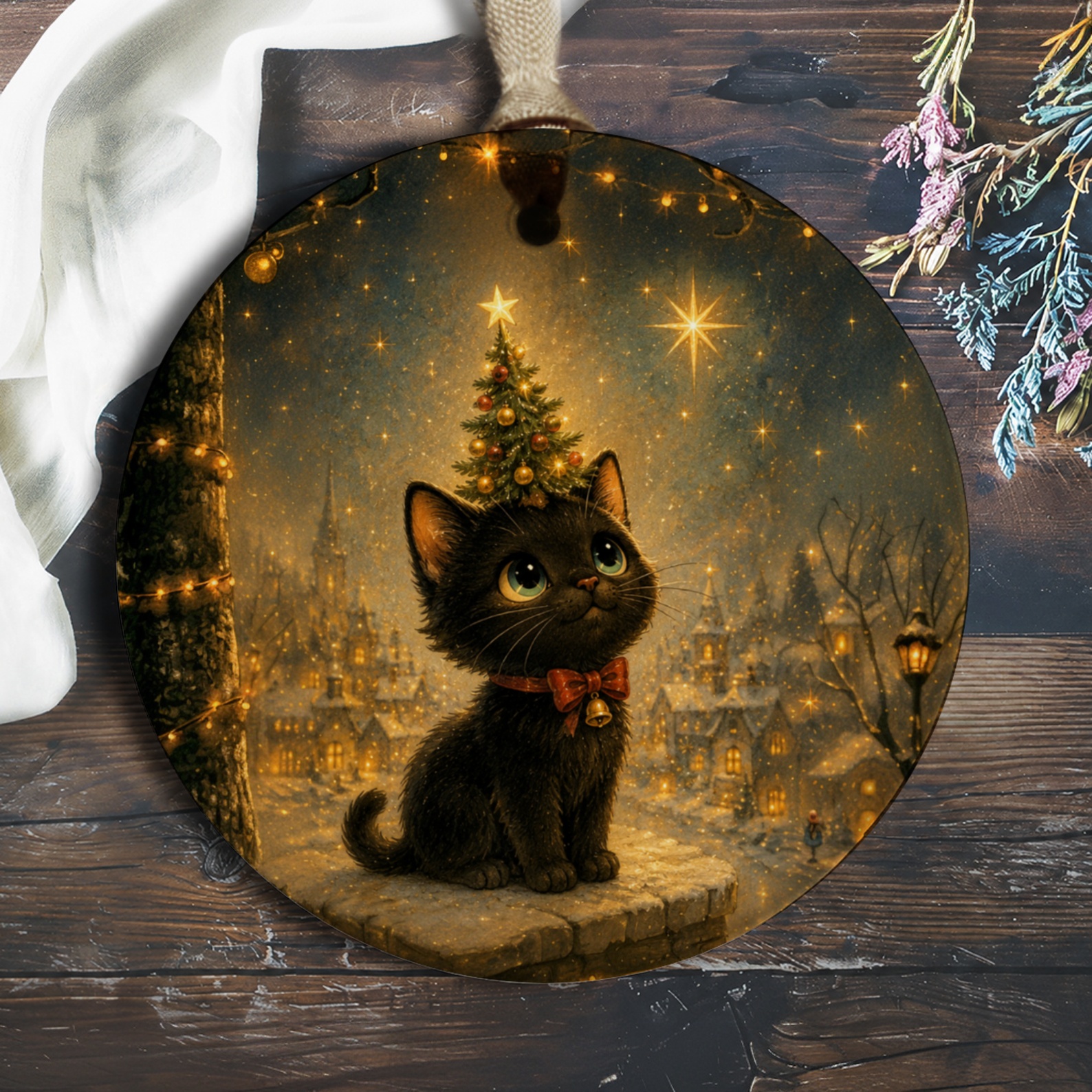 Cute Black Kitten Christmas Ornament Festive Cat Decor Holiday Tree Decoration Adorable Animal Lover Gift Winter Wonderland O1159