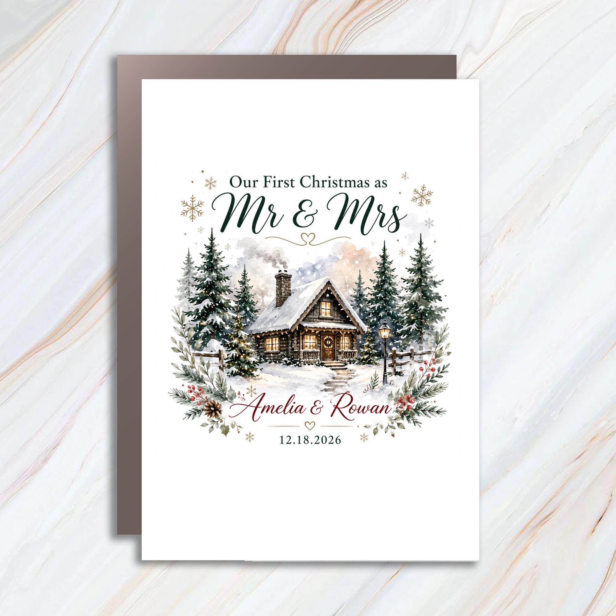 Our First Christmas As Mr & Mrs Personalized Christmas Card Newlyweds Holiday Greeting Card Winter Cabin Scene For Couple C1180