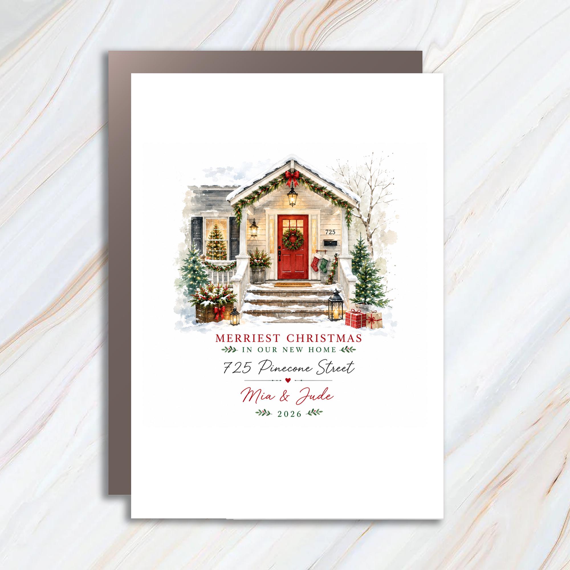 Merriest Christmas In Our New Home Christmas Card Personalized Holiday Greeting Card New Homeowners 2026 C1181
