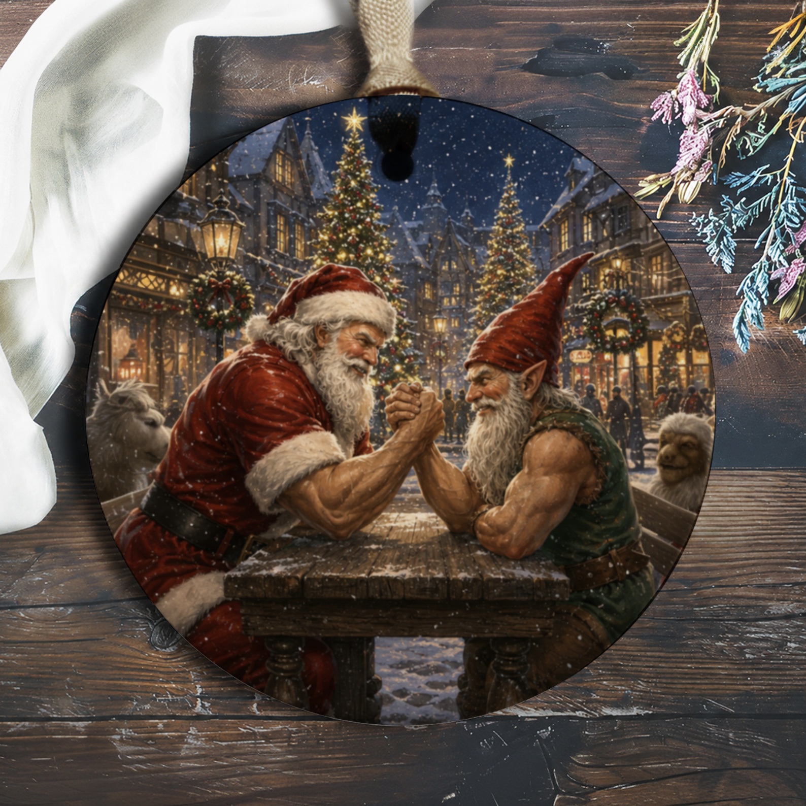 Santa And Elf Arm Wrestling Christmas Ornament Festive Holiday Decor Unique Christmas Tree Decoration Gift For Him O1124