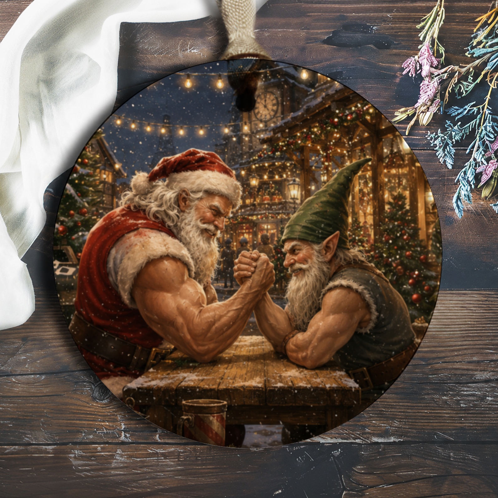 Santa And Elf Arm Wrestling Christmas Ornament Festive Holiday Decor Funny Santa Claus Ornament Christmas Tree Decoration O1125