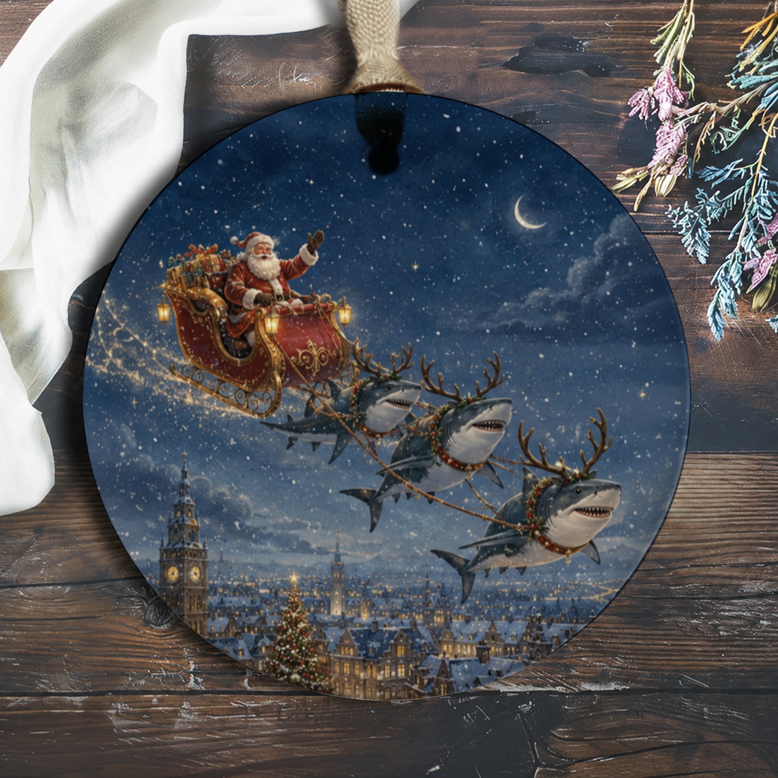 Santa Sleigh With Sharks Christmas Ornament Unique Holiday Decor Funny Santa Decoration For Tree Festive Winter Ornament O1126