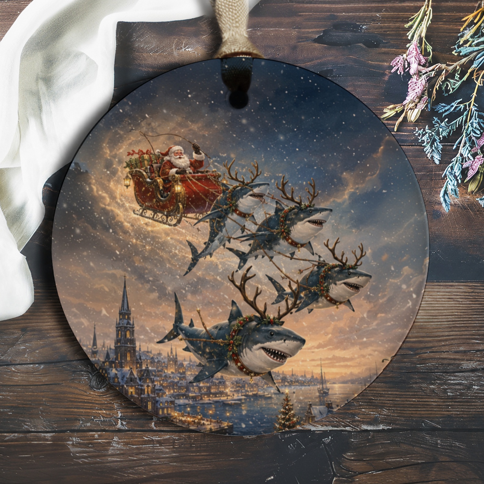 Santa Shark Sleigh Ornament Christmas Decor Unique Holiday Decoration Funny Santa Ornament Winter Wonderland Gift O1127
