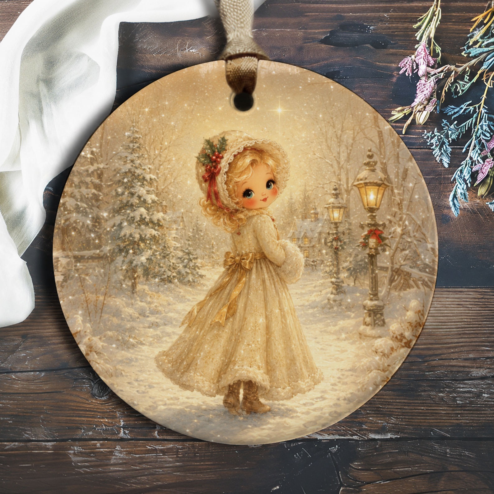 Vintage Winter Scene Ornament Christmas Decoration Cute Girl Snowy Landscape Holiday Decor Collectible Gift O1128