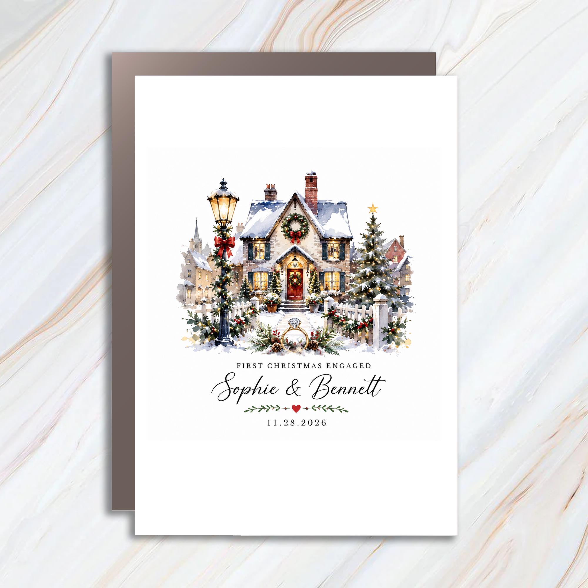 First Christmas Engaged Christmas Engagement Card Personalized Couple Holiday Greeting Card Winter Scene Ring C1187