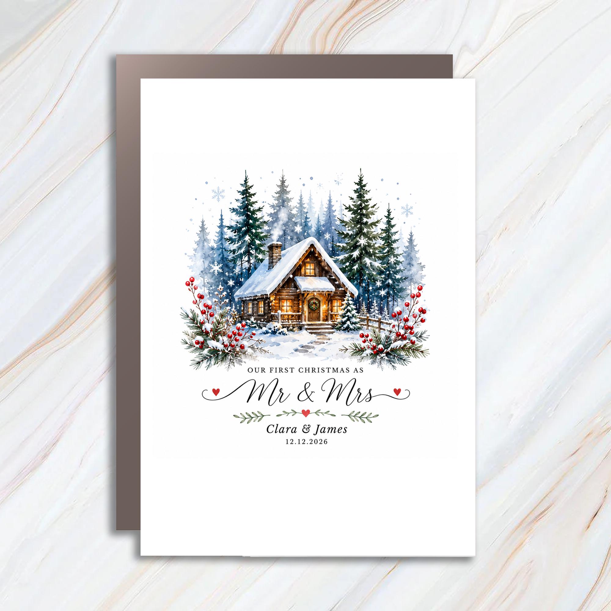 Our First Christmas As Mr & Mrs Christmas Card Newlyweds Personalized Holiday Greeting Card Winter Cabin Scene For Couple C1188