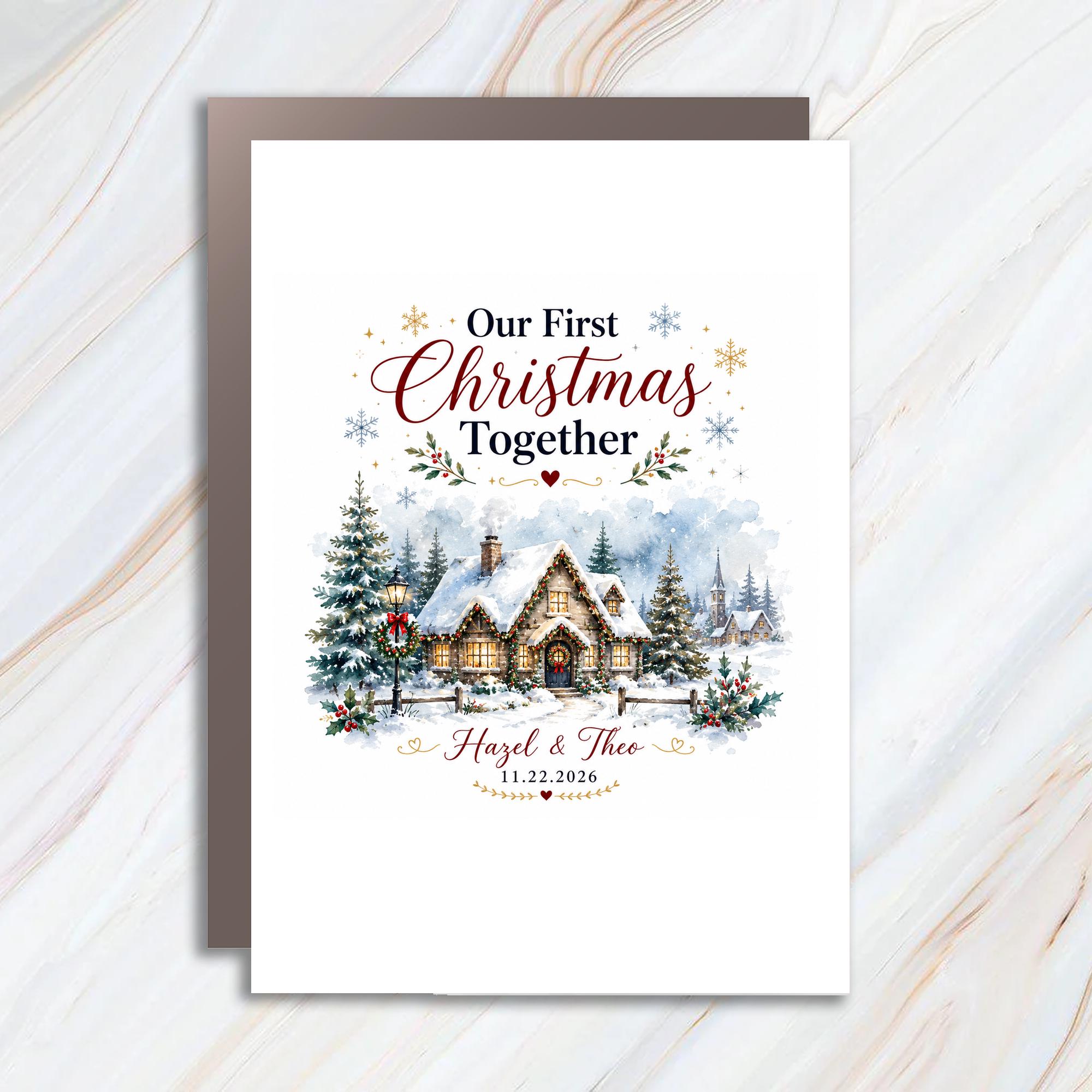 Our First Christmas Together Card Personalized Holiday Greeting Card Snowy Cottage Scene Christmas Card For Couple 2026 C1171