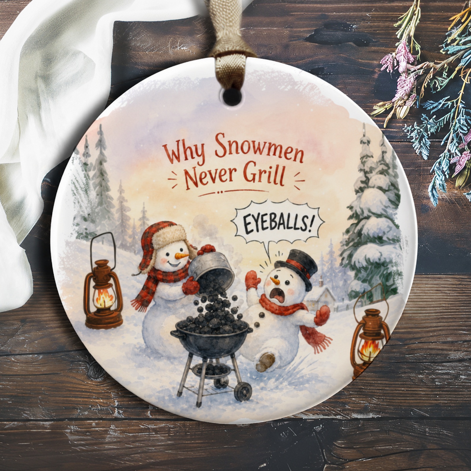 Why Snowmen Never Grill Eyeballs! Funny Christmas Ornament Snowman Winter Decor Cute Holiday Decoration Gift Idea O1138