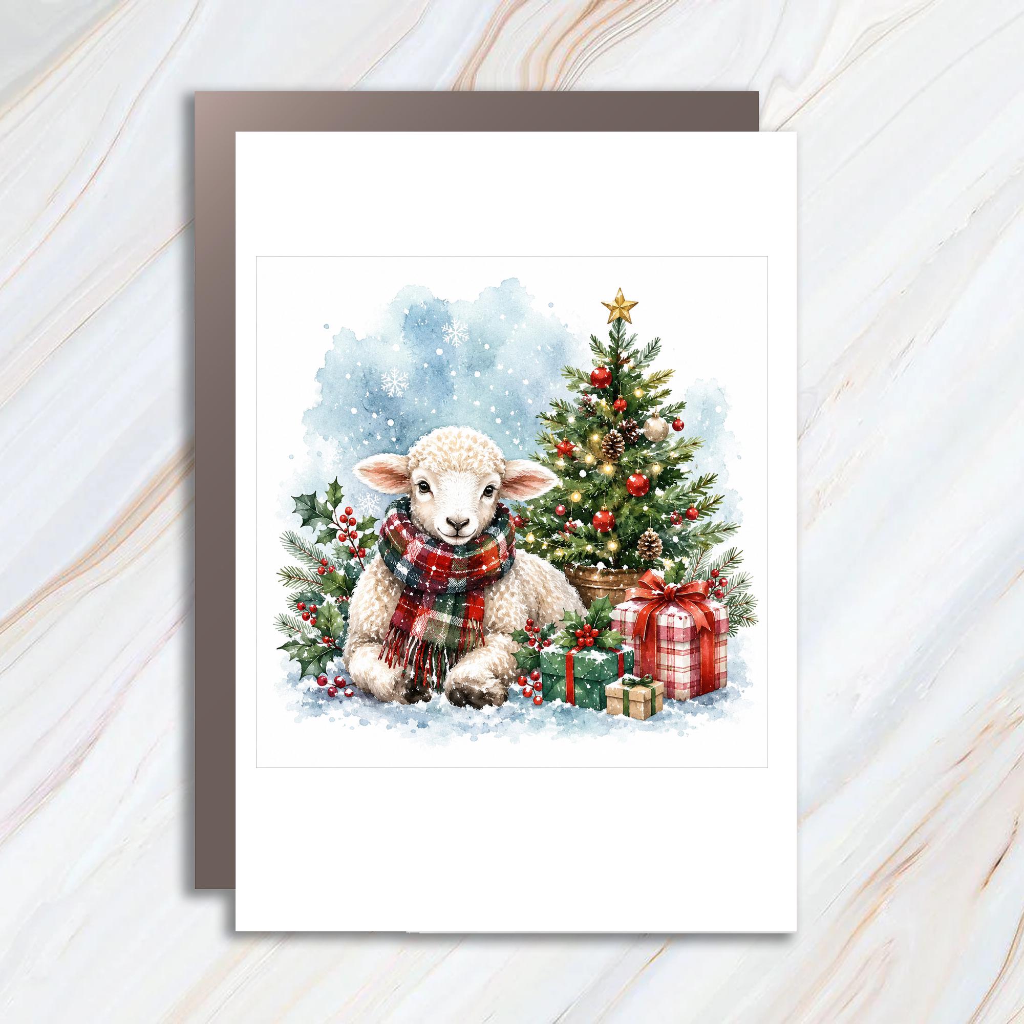 Lamb Christmas Card Cute Holiday Greeting Card Festive Animal Card For Kids Family Watercolor Art Christmas Tree Gifts C1191
