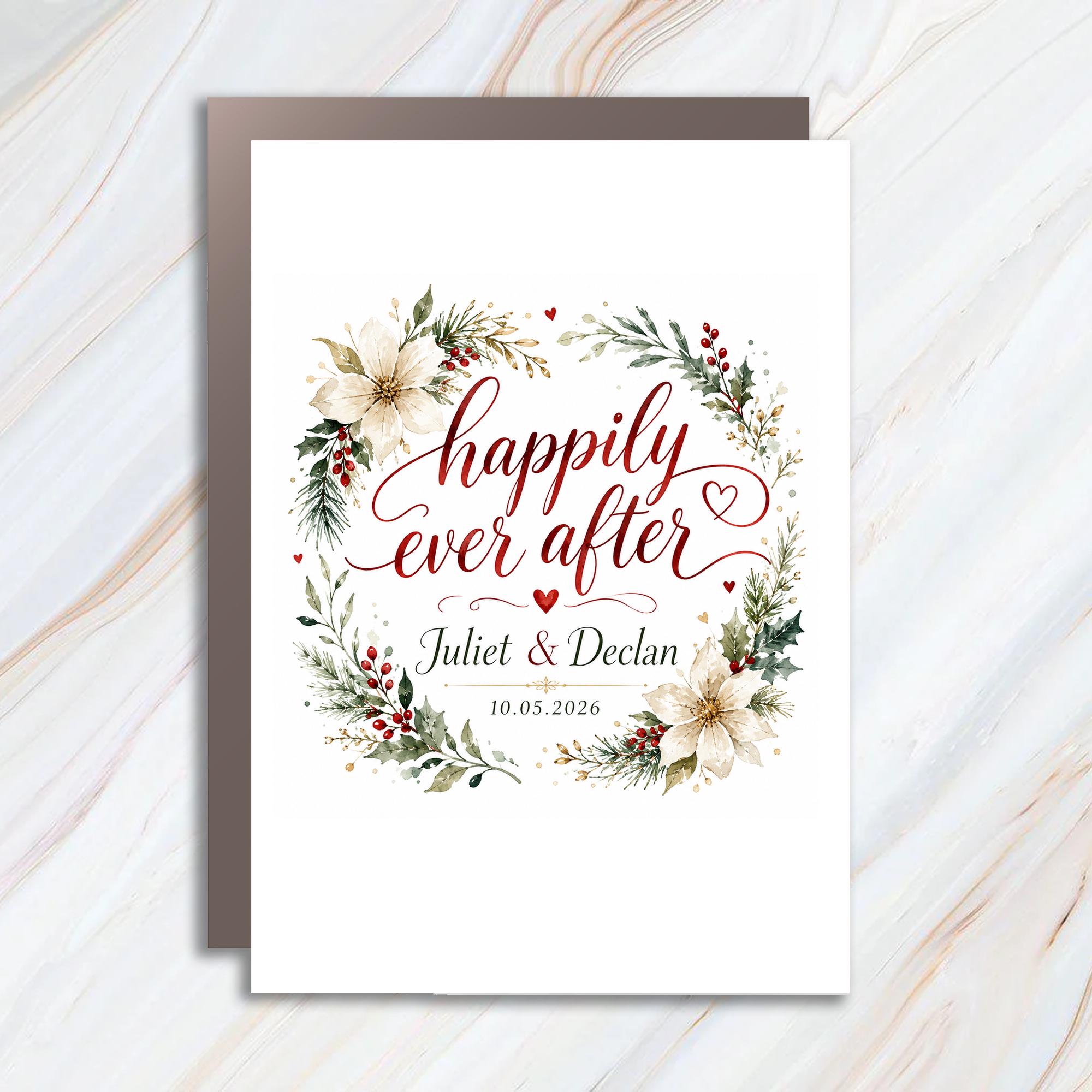 Happily Ever After Wedding Card Personalized Floral Wreath Custom Names Date Keepsake Card For Couple C1176