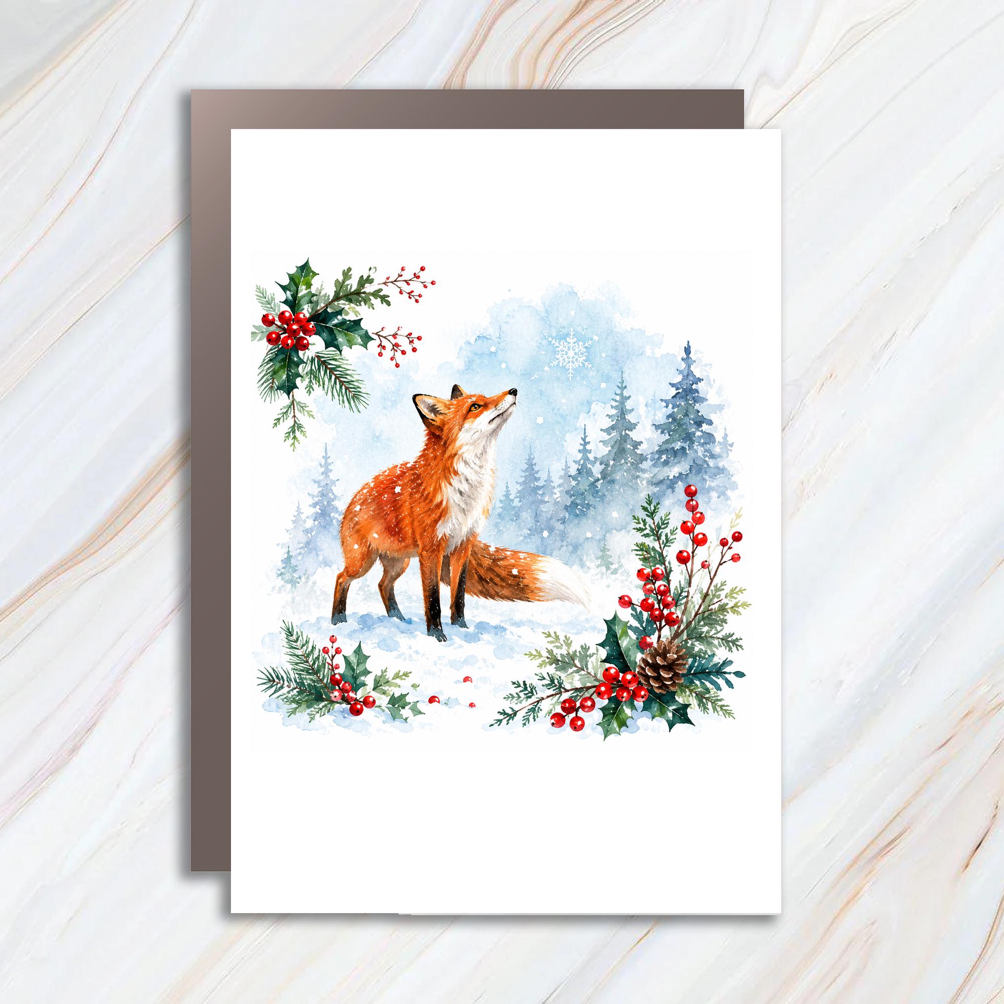 Fox In Winter Forest Christmas Card Watercolor Holiday Greeting Card For Nature Lover Woodland Animal Art Cute Festive Card C1192
