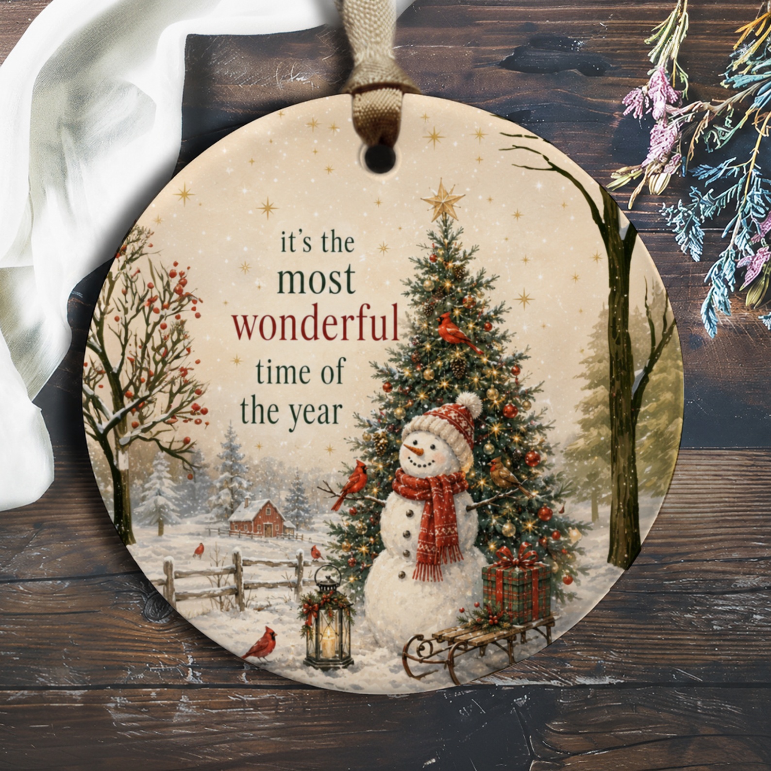 It's The Most Wonderful Time Of The Year Christmas Ornament Snowman Tree Winter Scene Holiday Decor Festive Home Decoration O1153